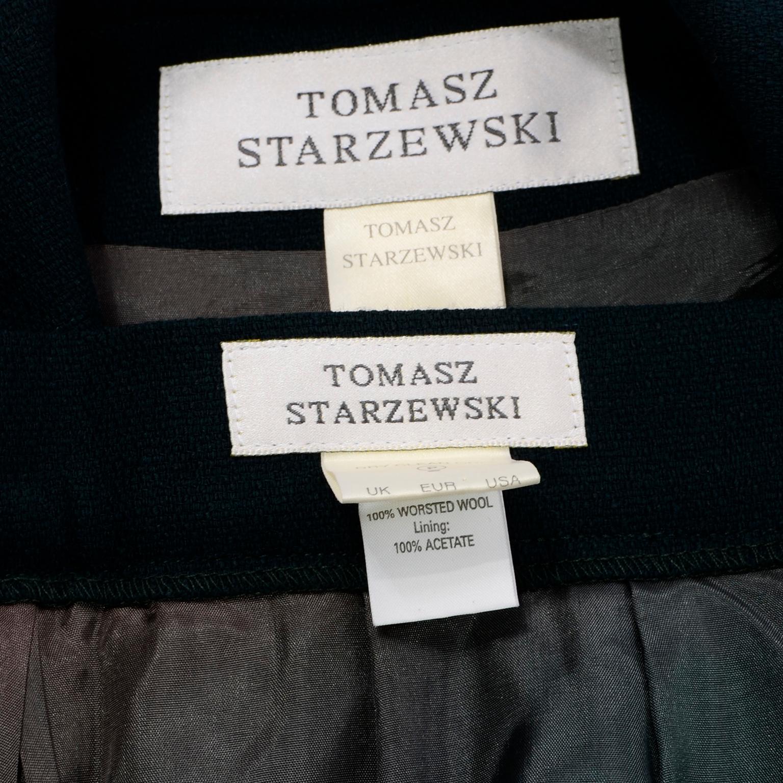 Tomasz Starzewski Green Wool Skirt Suit With Topstitching and Dyed Fur Cuffs 5