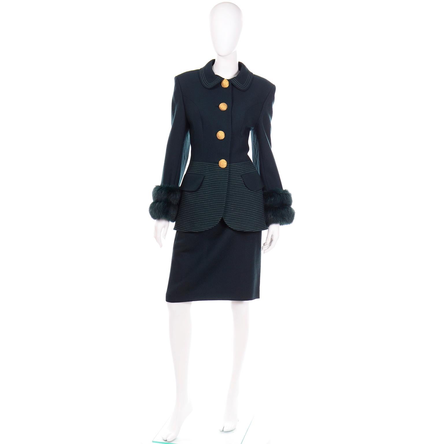 This is an outstanding vintage green worsted green wool skirt suit with amazing fur cuffs on the jacket. This suit was designed by the British designer Tomasz Starzewski in the 1990's. Starzewski has dressed many royals, including Princess Diana and