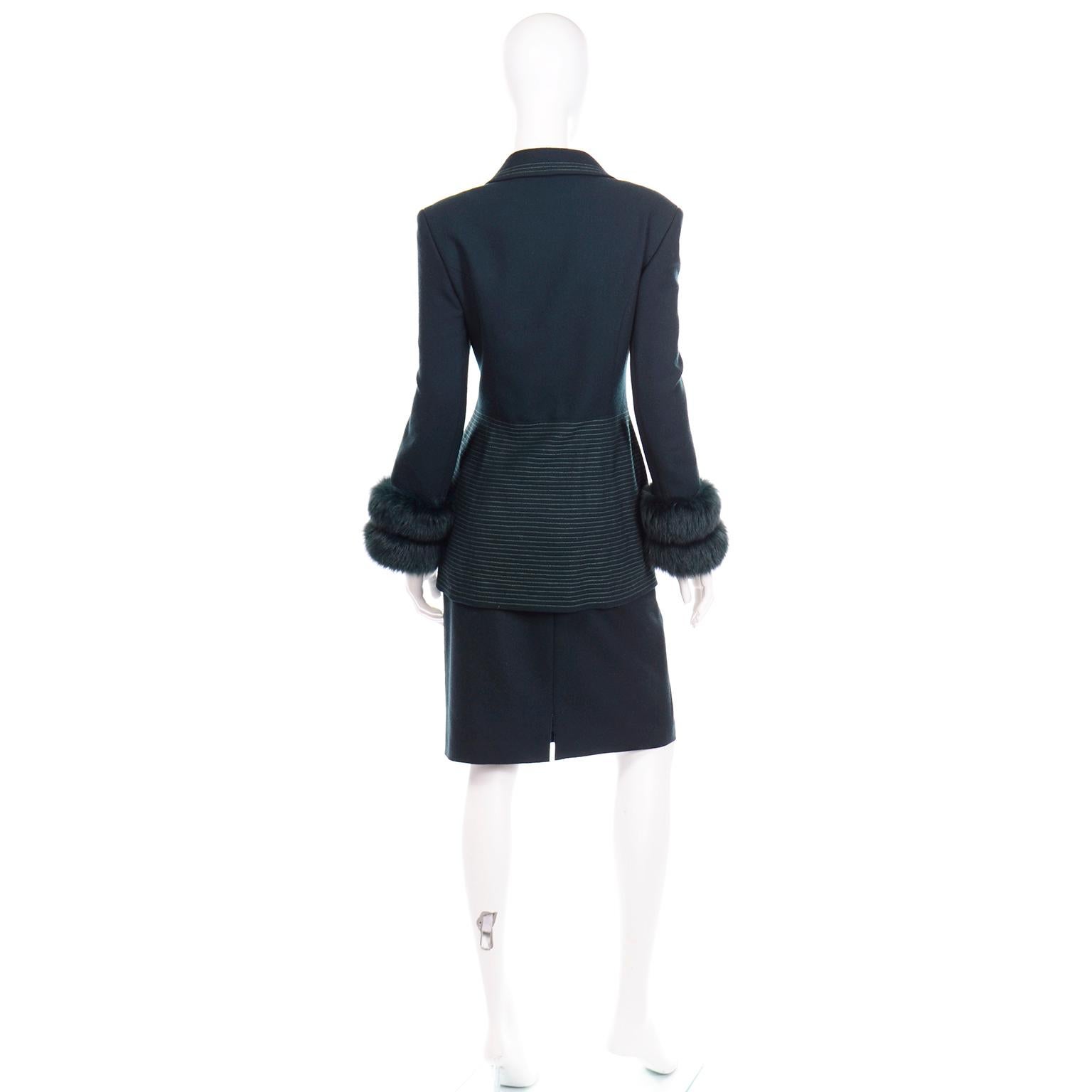 Tomasz Starzewski Green Wool Skirt Suit With Topstitching and Dyed Fur Cuffs In Excellent Condition In Portland, OR