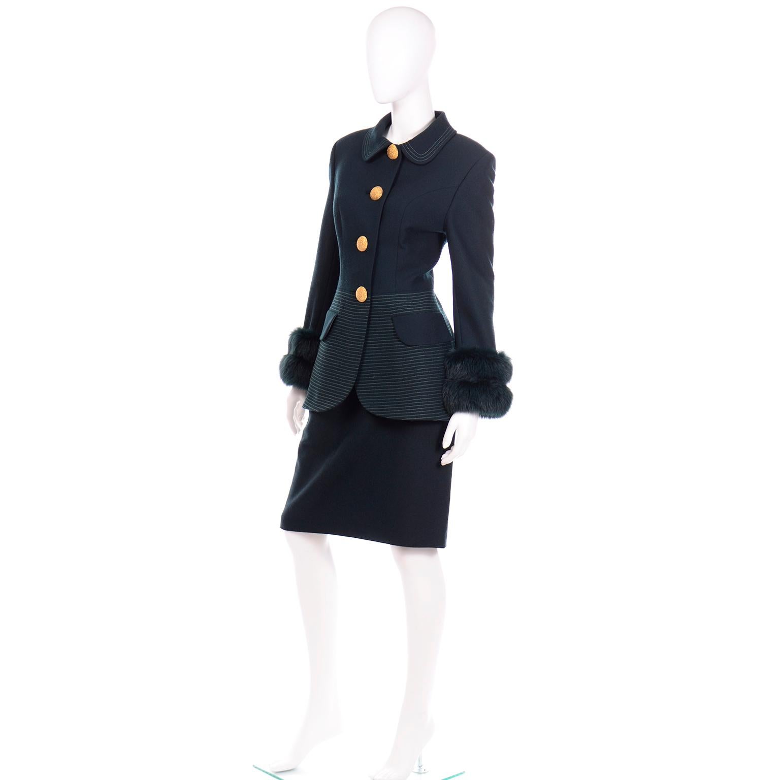 Women's Tomasz Starzewski Green Wool Skirt Suit With Topstitching and Dyed Fur Cuffs