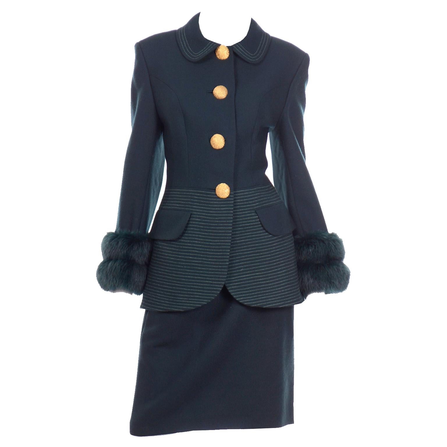 Tomasz Starzewski Green Wool Skirt Suit With Topstitching and Dyed Fur Cuffs