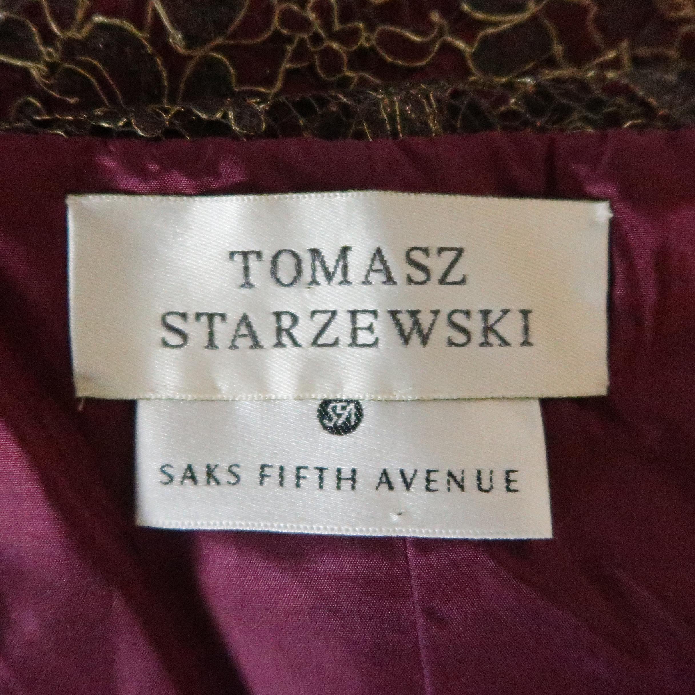 TOMASZ STARZEWSKI Size 10 Burgundy Metallic Lace Long Sleeve Cocktail Dress 2
