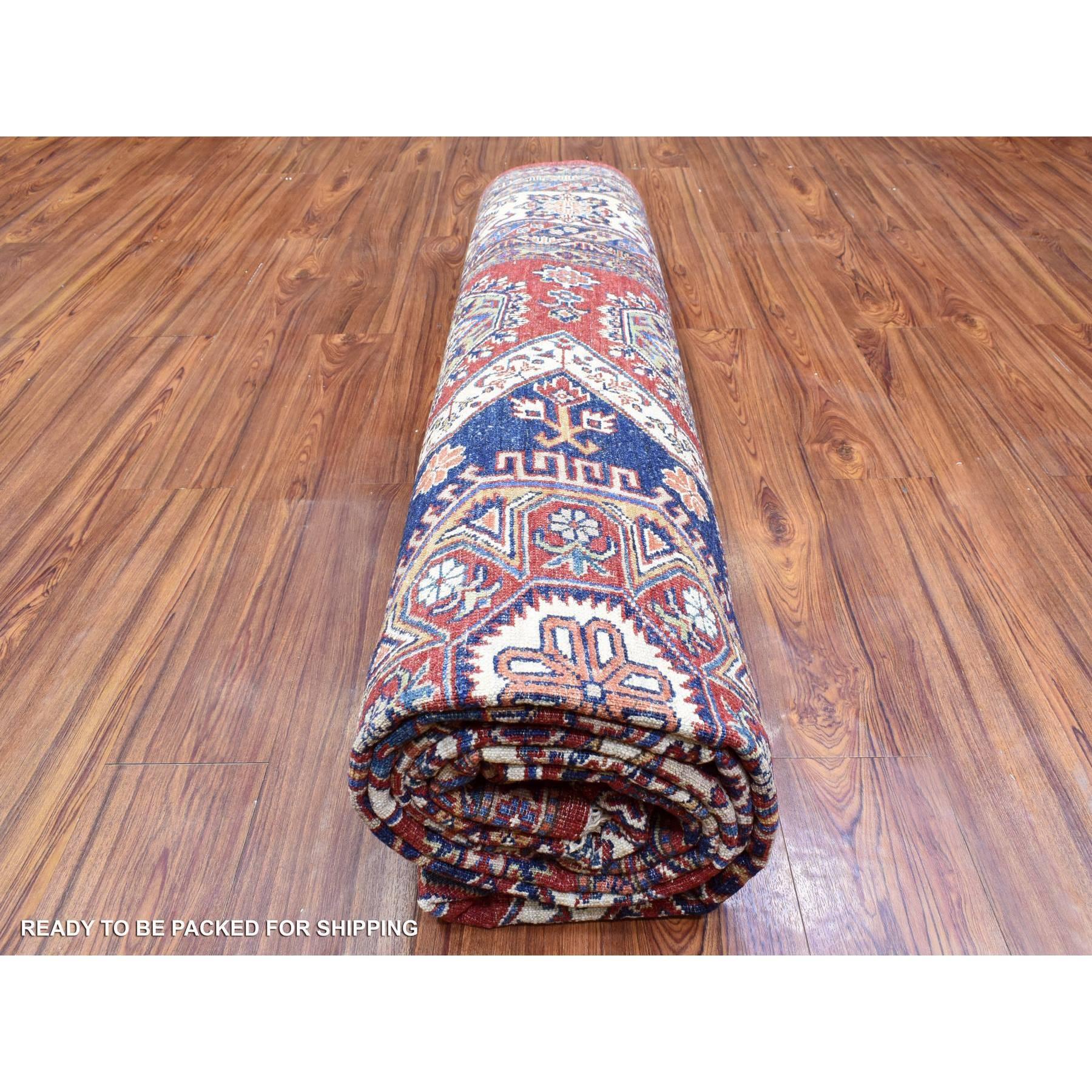 Tapis oriental afghan Super Kazak en pure laine nouée à la main rouge tomate 8'10