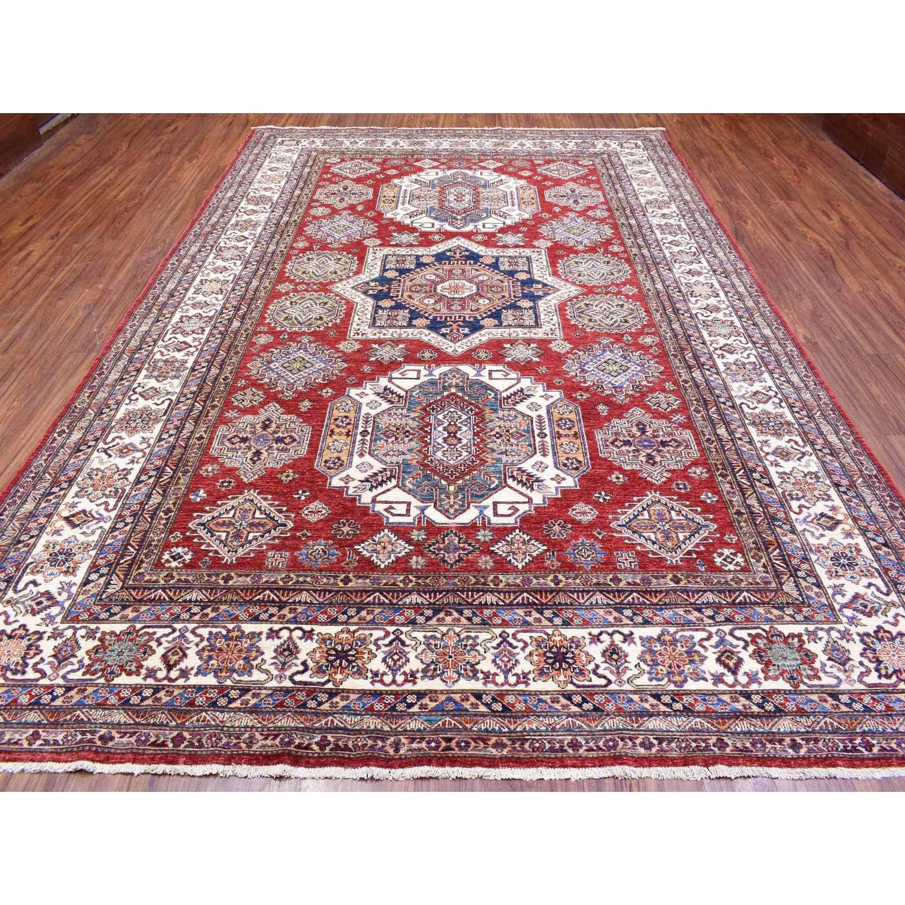 Kazakh Tapis oriental afghan Super Kazak en pure laine nouée à la main rouge tomate 8'10