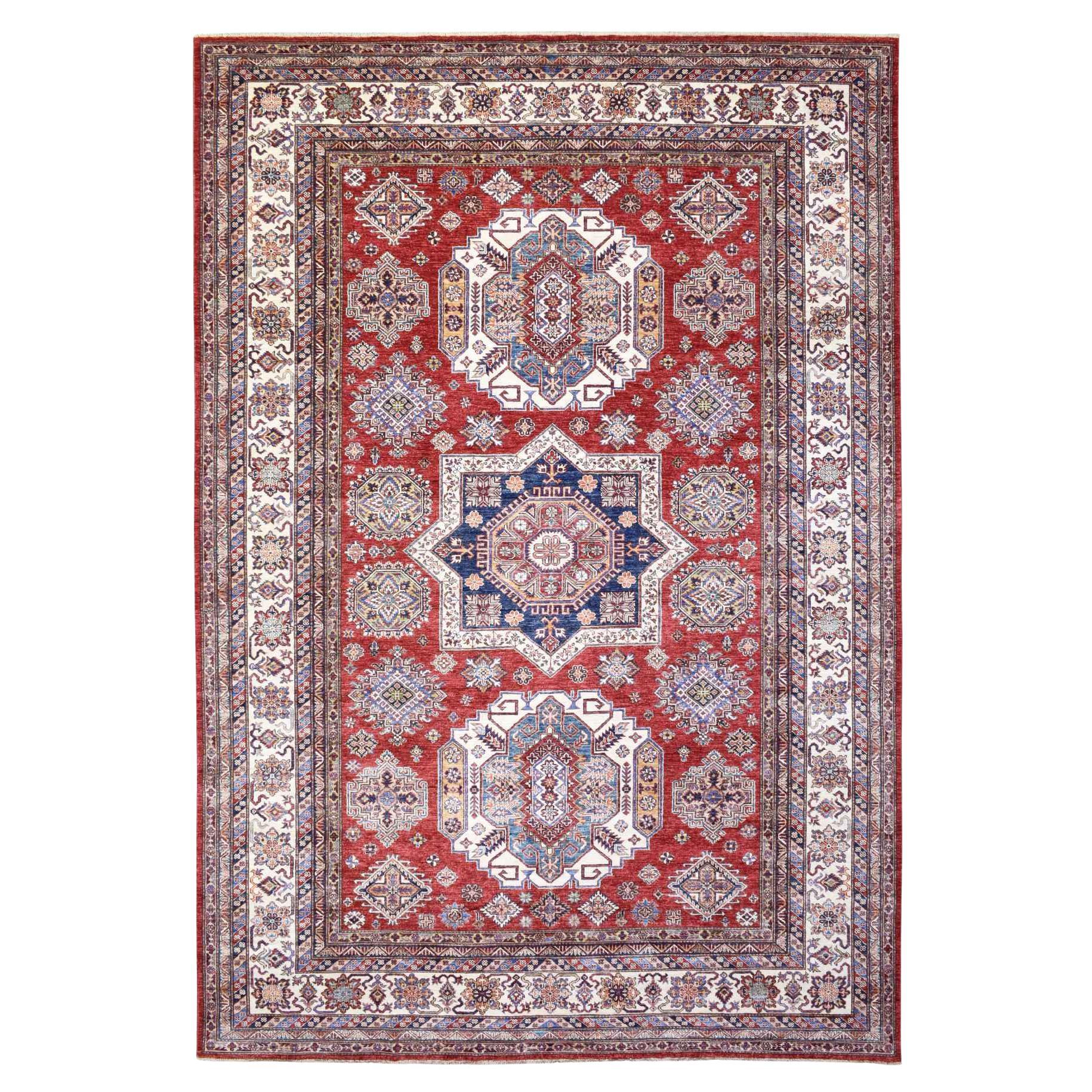Tomato Red Afghan Super Kazak Pure Wool Hand Knotted Oriental Rug 8'10" x 13'0"