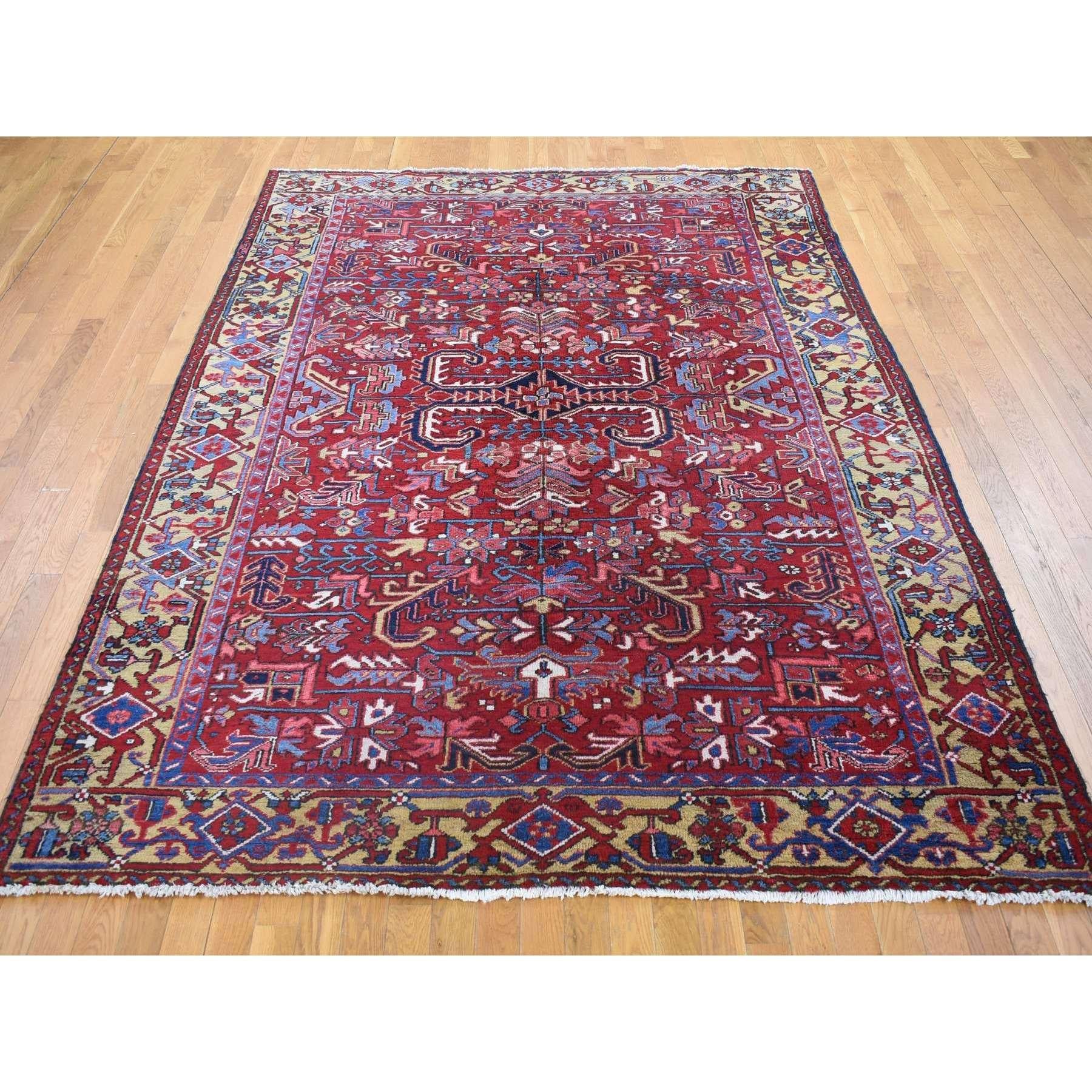 Heriz Serapi Tomato Red, Antique Persian Heriz, Geometric Design, Pure Wool, Hand Knotted Rug For Sale