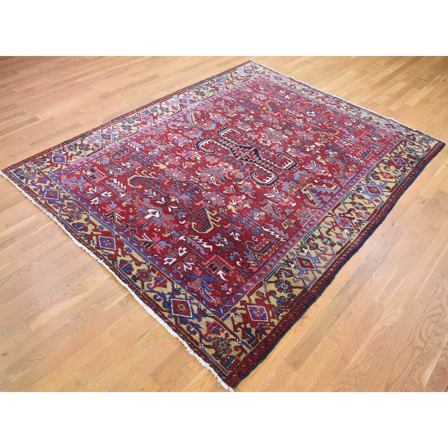 Hand-Knotted Tomato Red, Antique Persian Heriz, Geometric Design, Pure Wool, Hand Knotted Rug For Sale