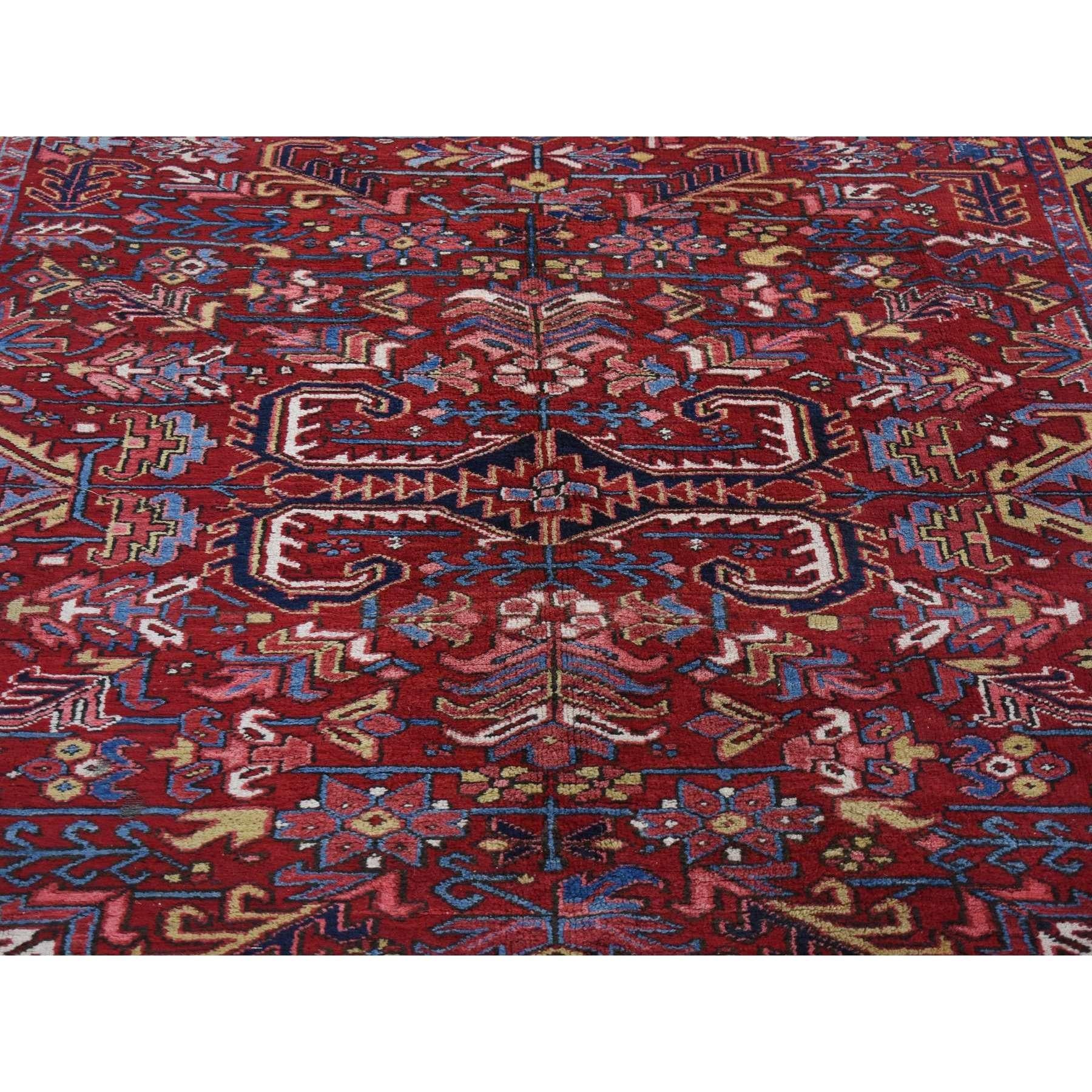 Tomato Red, Antique Persian Heriz, Geometric Design, Pure Wool, Hand Knotted Rug For Sale 3