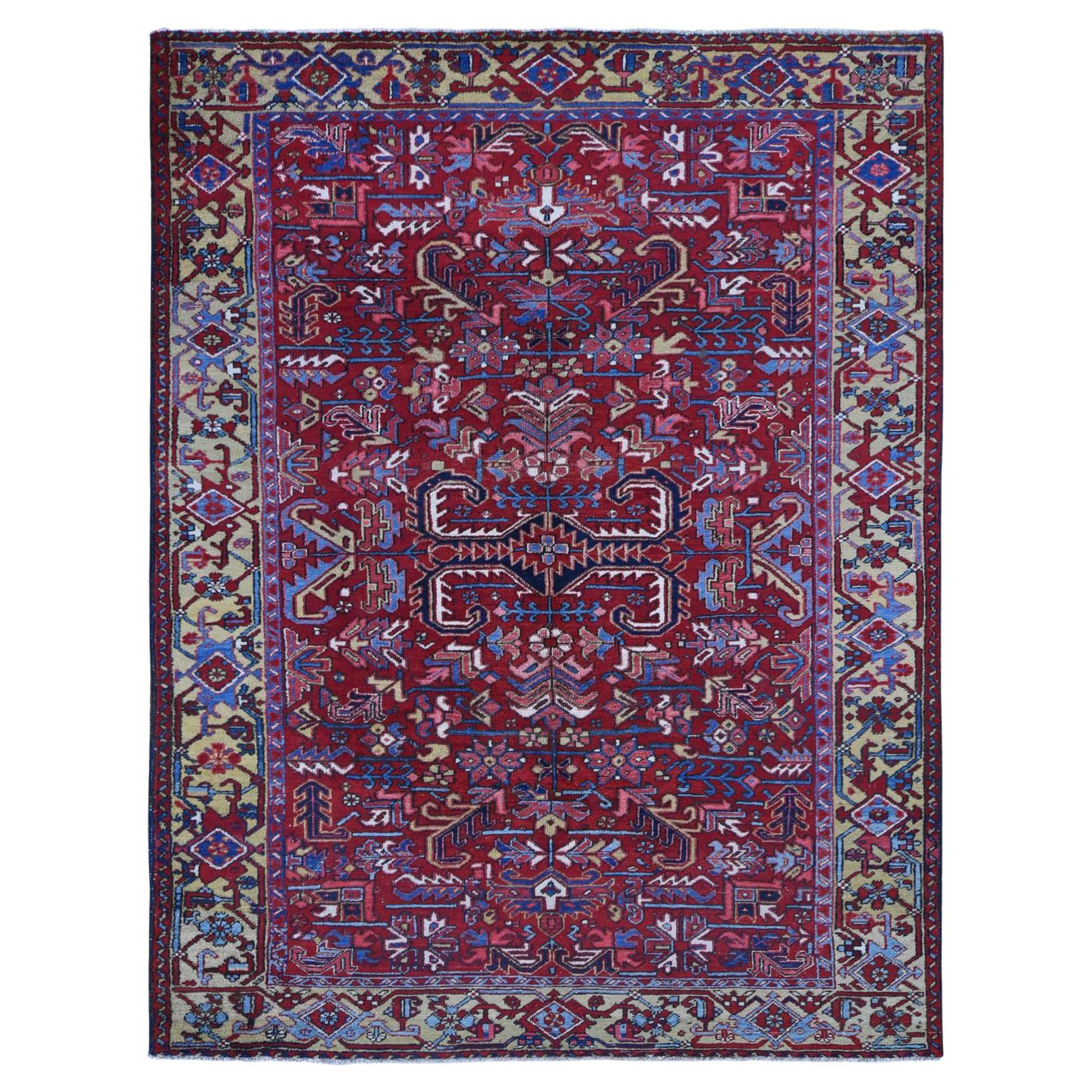 Tomato Red, Antique Persian Heriz, Geometric Design, Pure Wool, Hand Knotted Rug