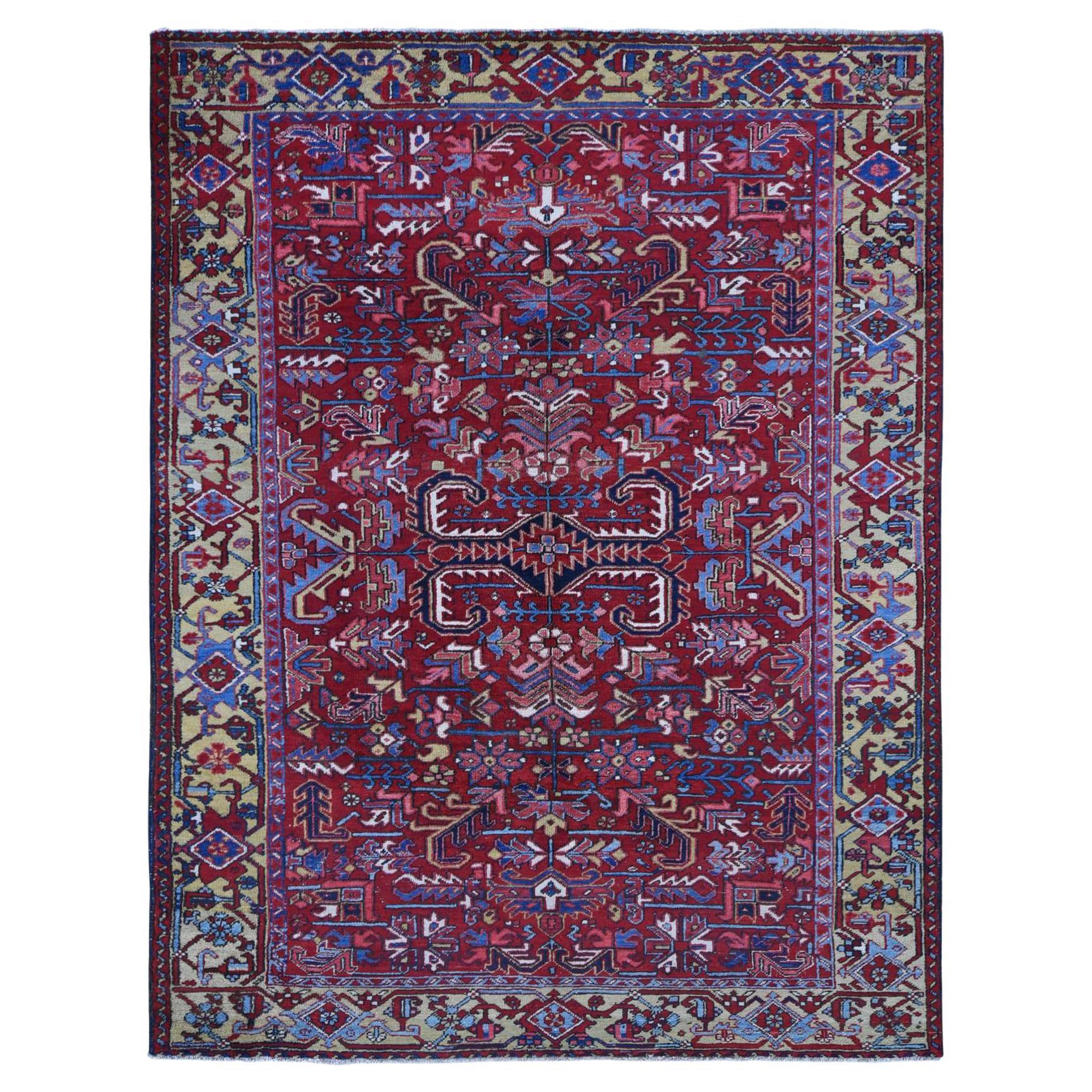 Tomato Red, Antique Persian Heriz, Geometric Design, Pure Wool, Hand Knotted Rug For Sale