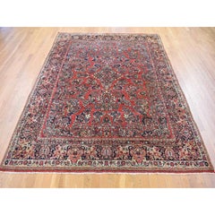 Tomato Red, Antique Persian Sarouk, Flower Bouquet Design, Hand Knotted Wool Rug