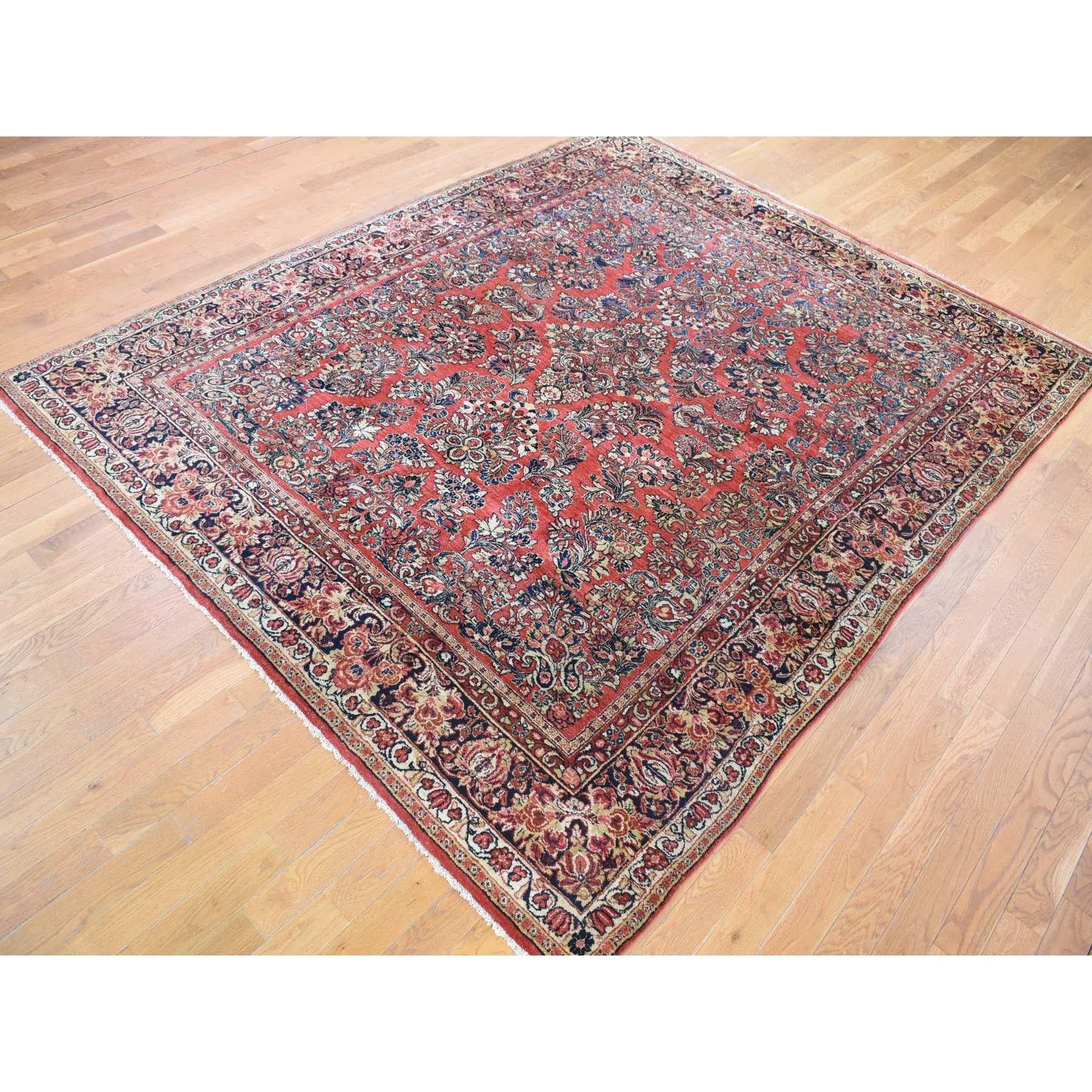 Sarouk Farahan Tomato Red, Antique Persian Sarouk, Flower Bouquet Design, Hand Knotted Wool Rug For Sale