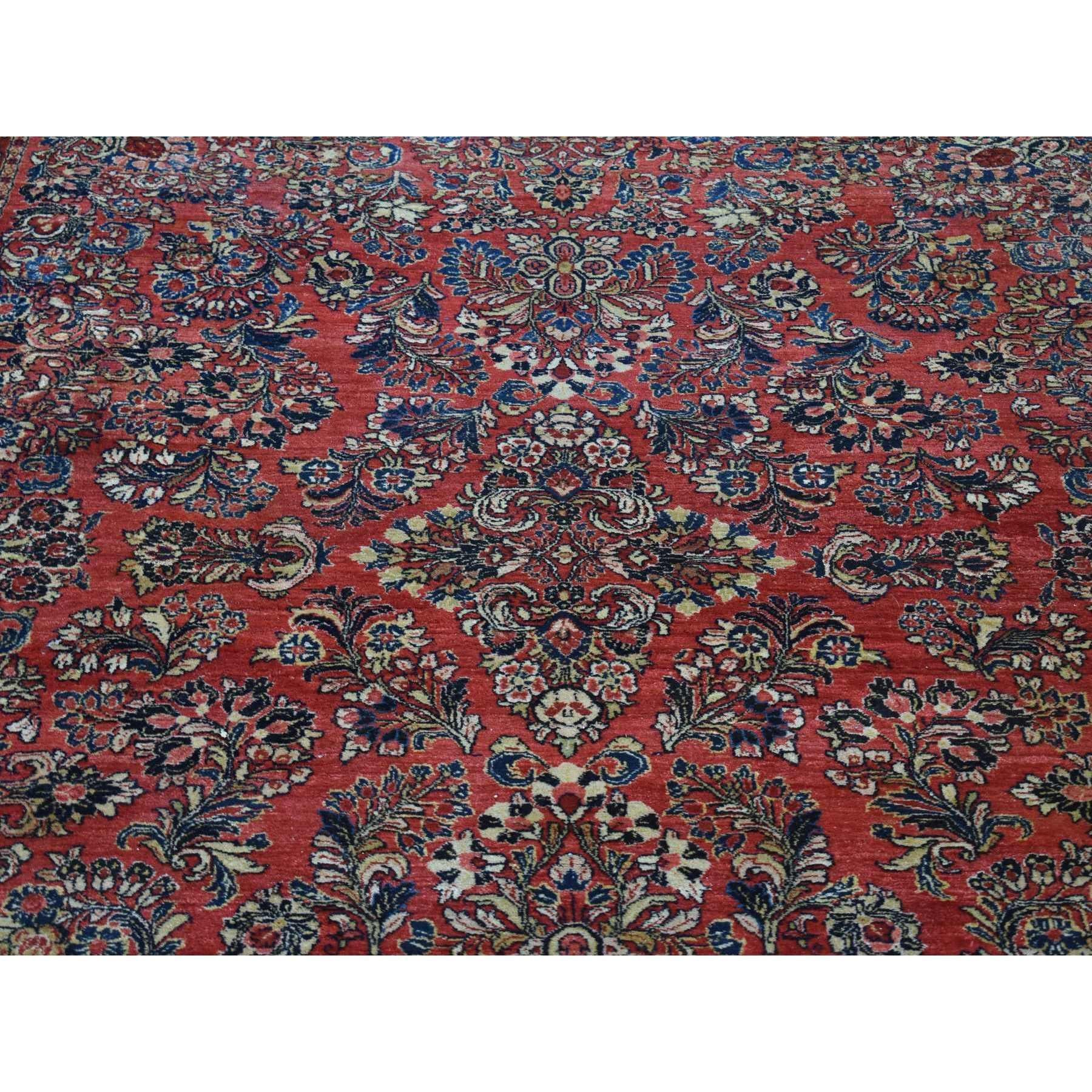 Tomato Red, Antique Persian Sarouk, Flower Bouquet Design, Hand Knotted Wool Rug For Sale 2