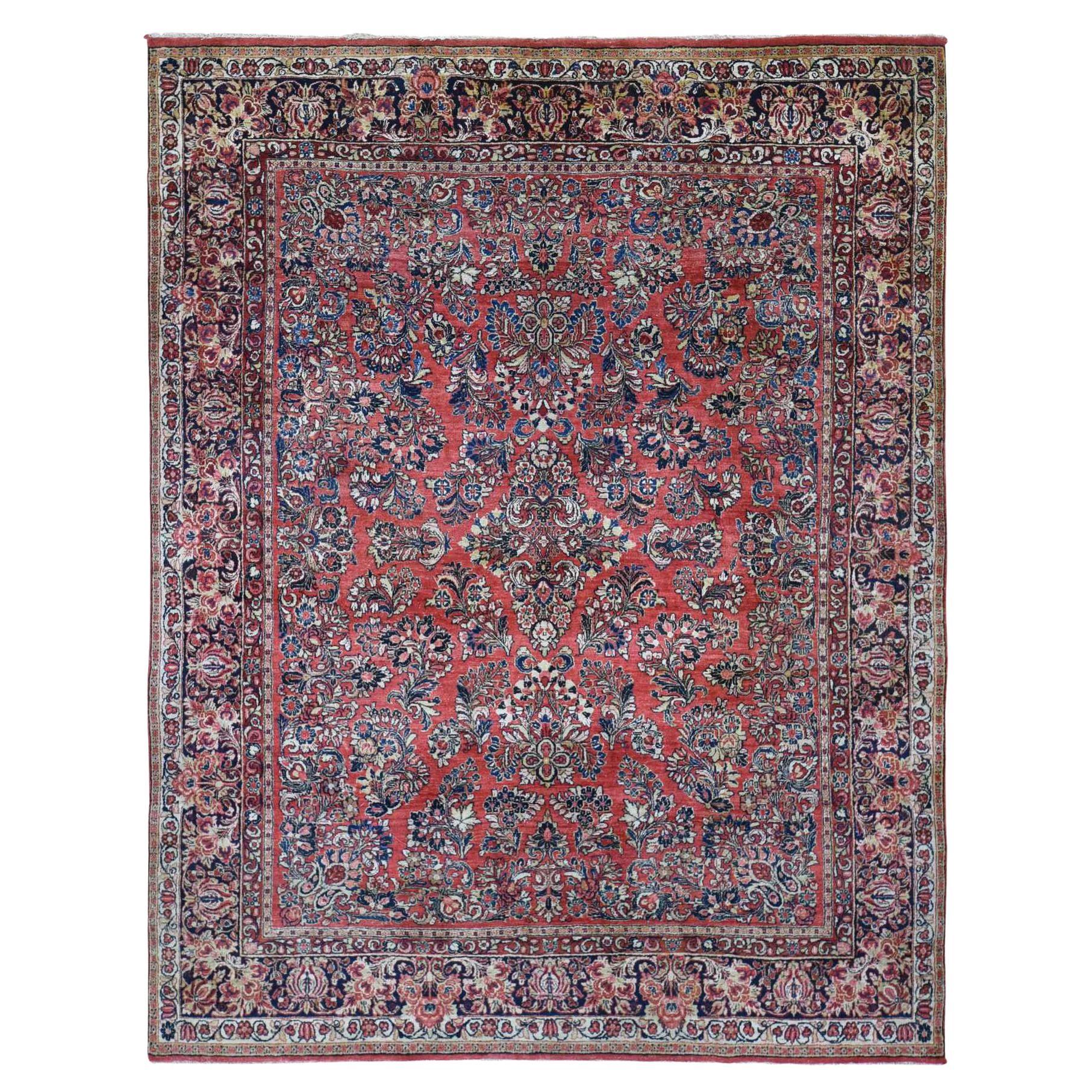 Tomato Red, Antique Persian Sarouk, Flower Bouquet Design, Hand Knotted Wool Rug For Sale