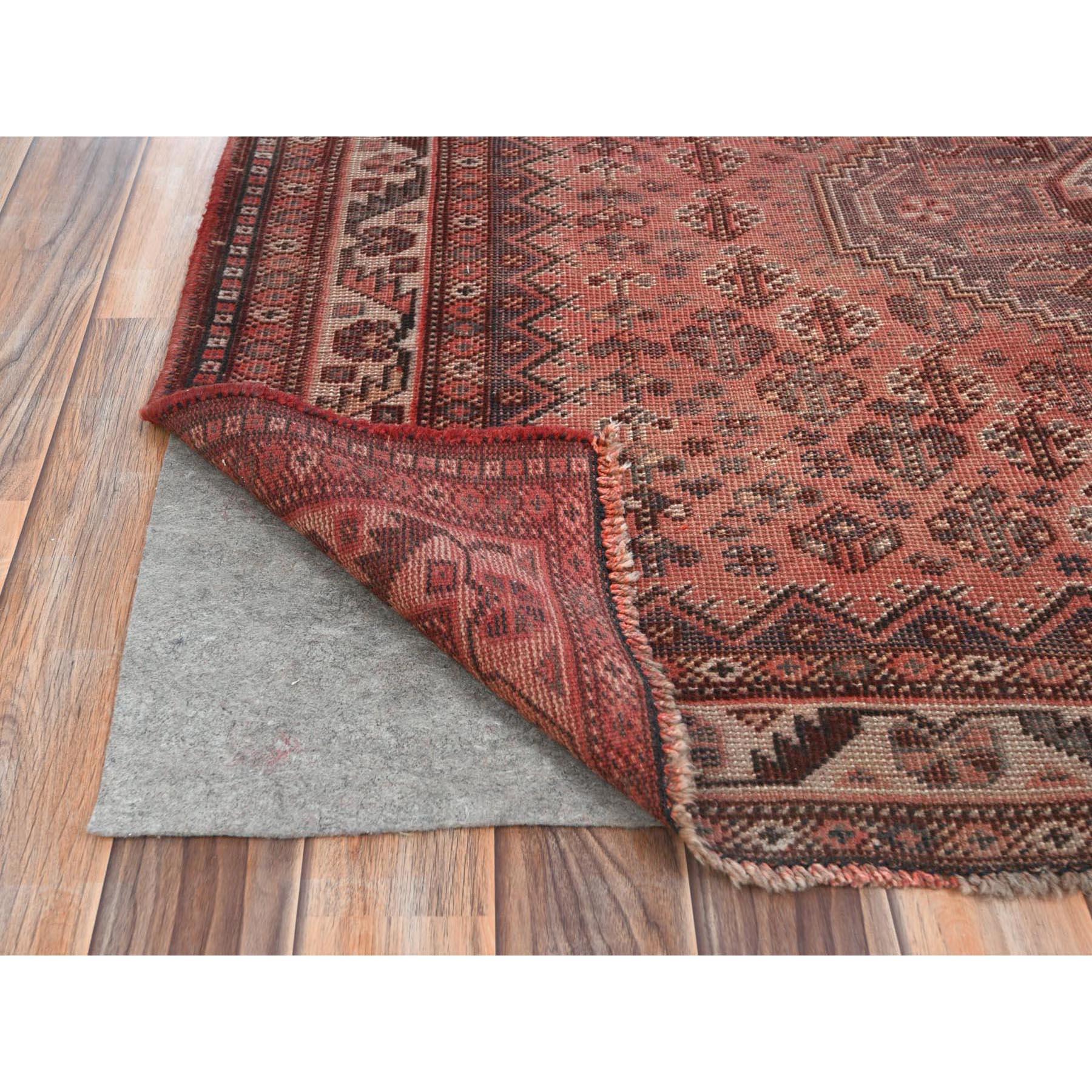 Medieval Tomato Red, Distressed Look Vintage Persian Shiraz, Hand Knotted Worn Wool Rug For Sale
