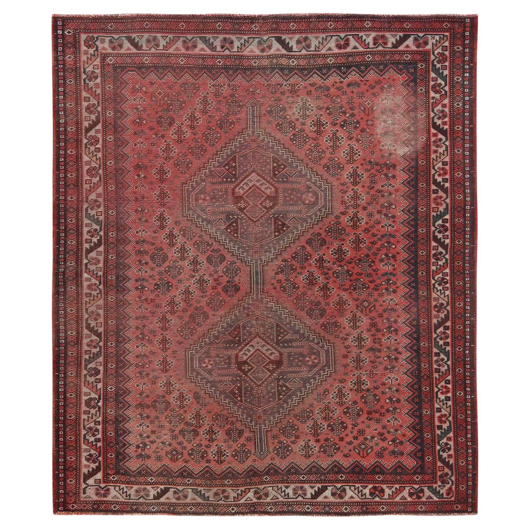Tomato Red, Distressed Look Vintage Persian Shiraz, Hand Knotted Worn Wool Rug For Sale