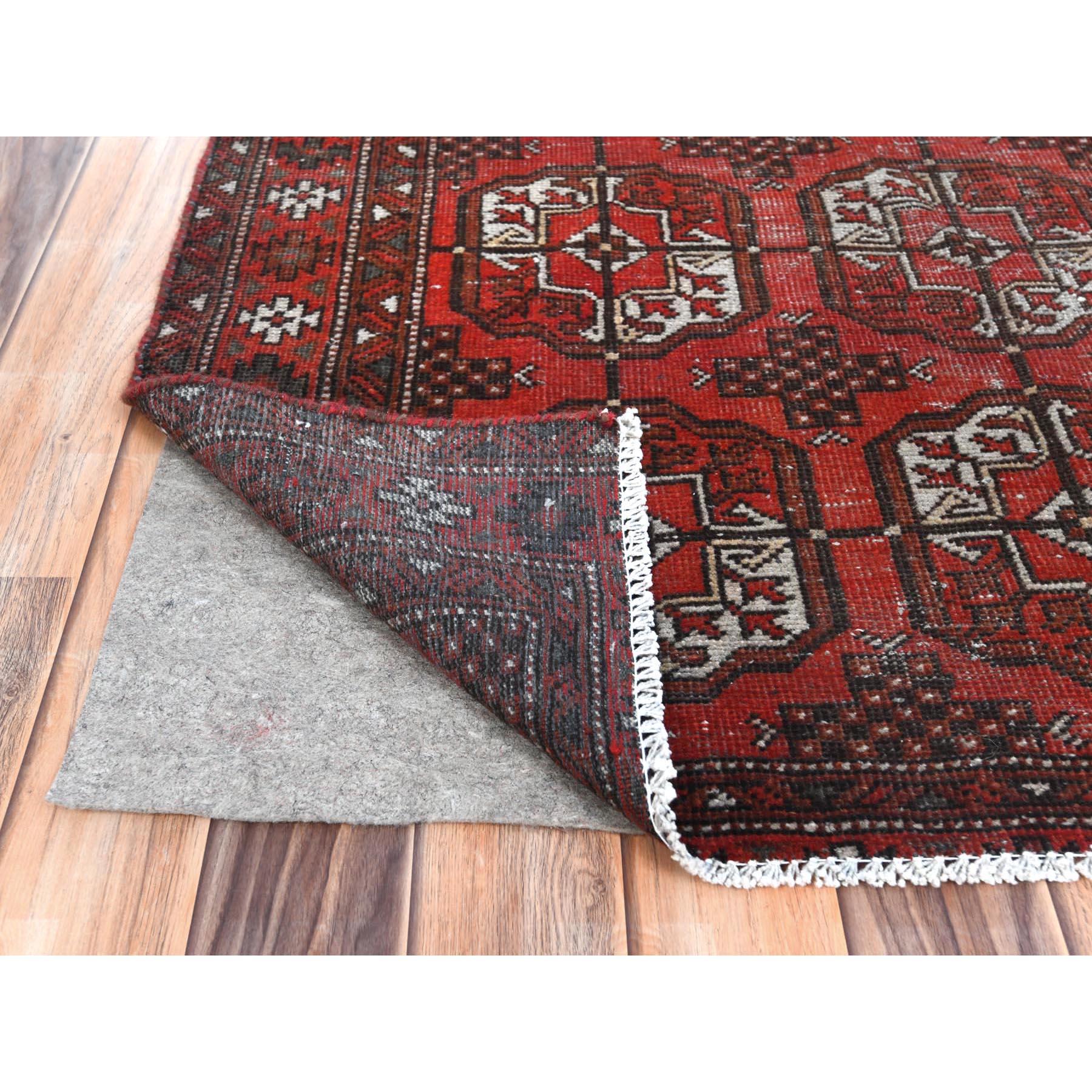 Medieval Tomato Red, Distressed Look Worn Wool Hand Knotted, Vintage Persian Turkaman Rug For Sale