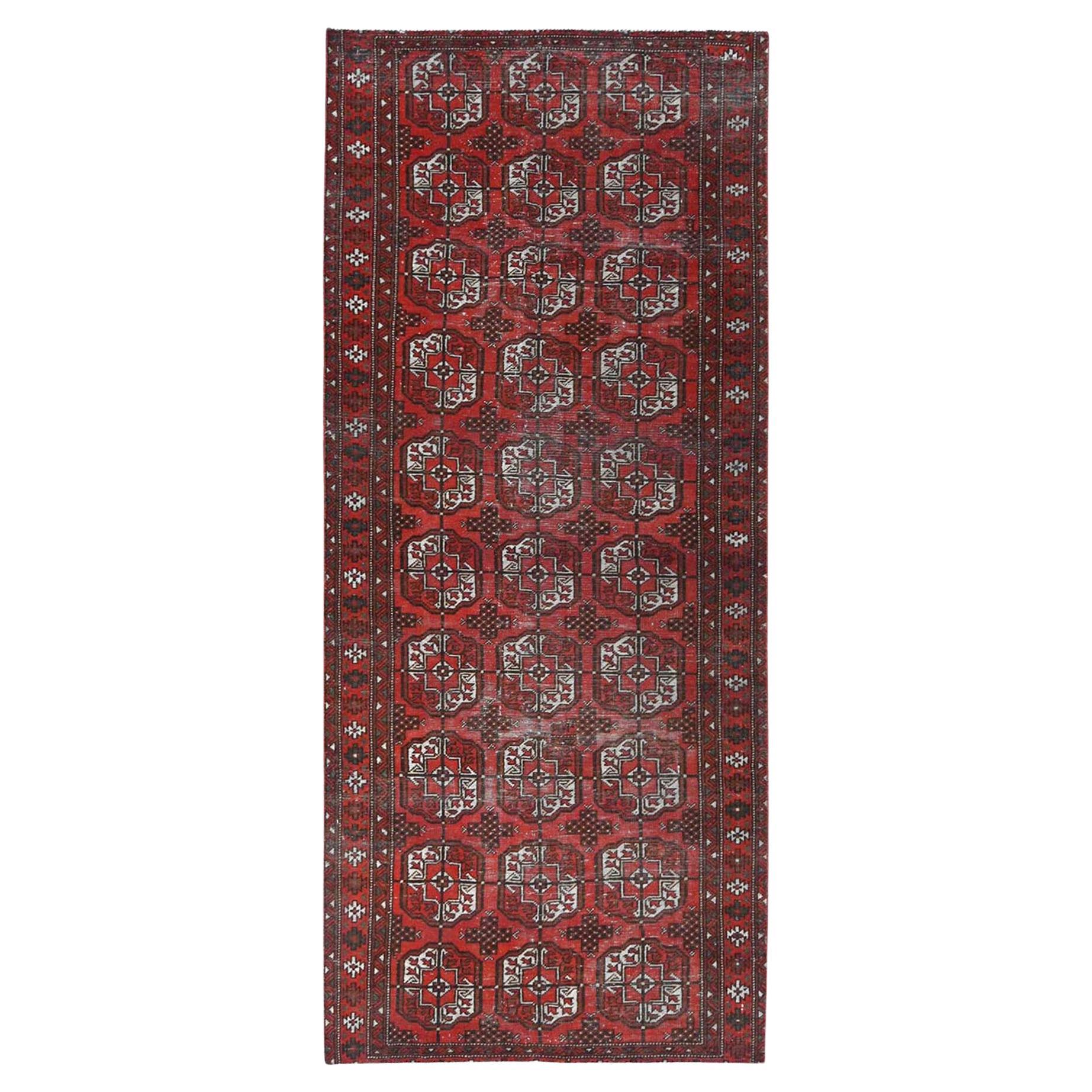 Tomatenroter, handgeknüpfter persischer Turkaman-Teppich aus Wolle im Used-Look