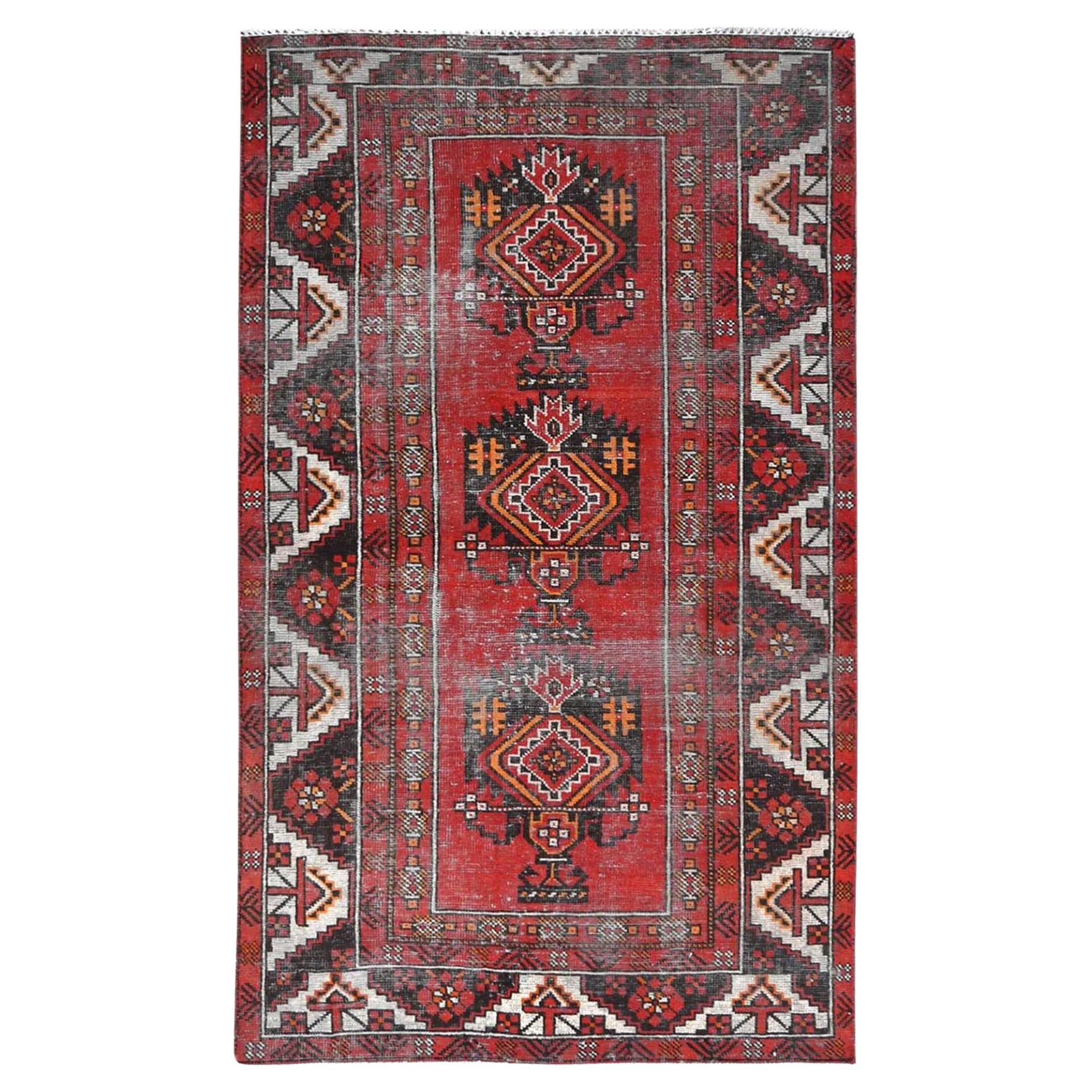 Tomato Red, Hand Knotted Vintage Persian Baluch, Distressed Look Worn Wool Rug