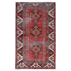 Tomato Red, Hand Knotted Retro Persian Baluch, Distressed Look Worn Wool Rug