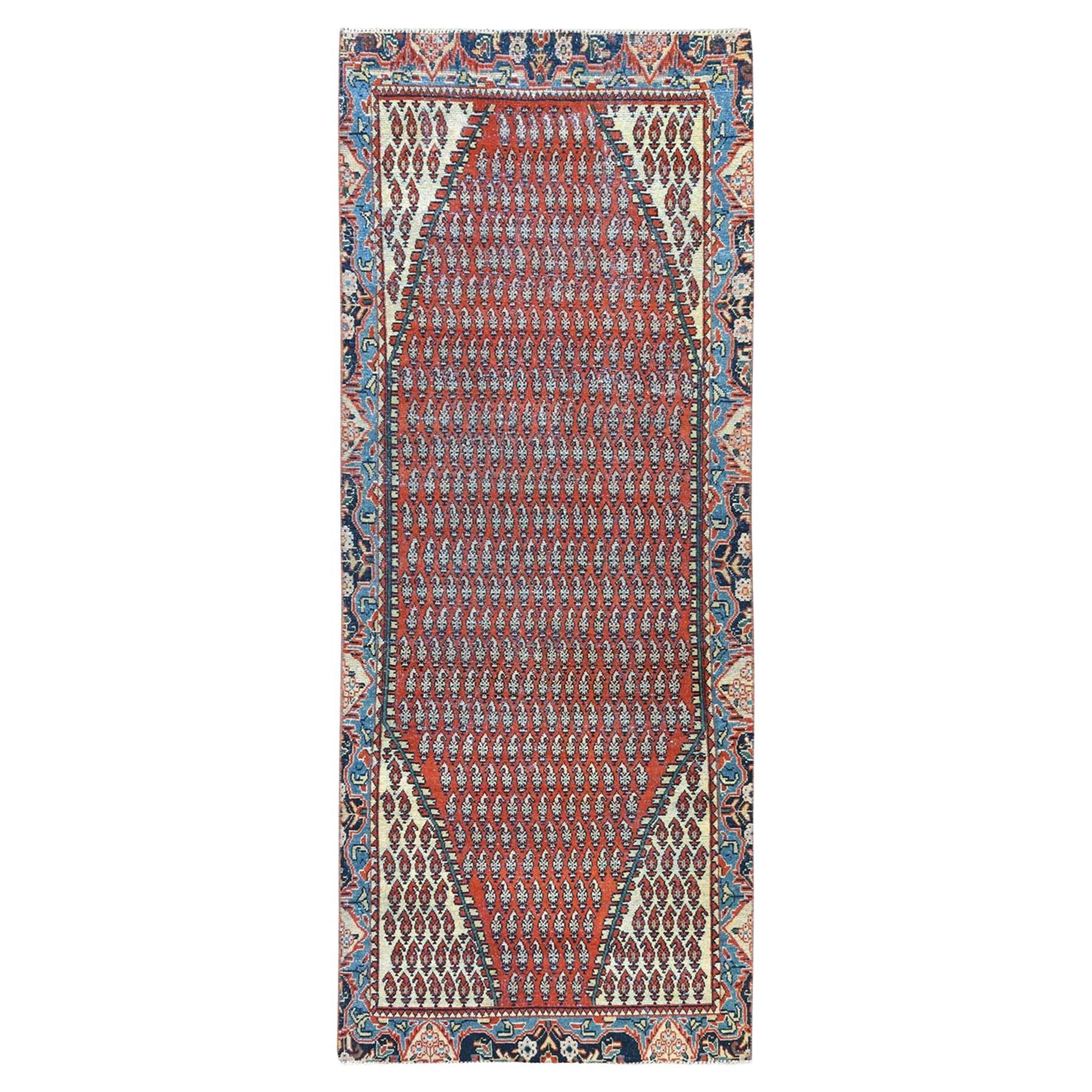 Tomato Red, Pure Wool, Vintage Persian Serab, Hand Knotted Distressed Runner Rug