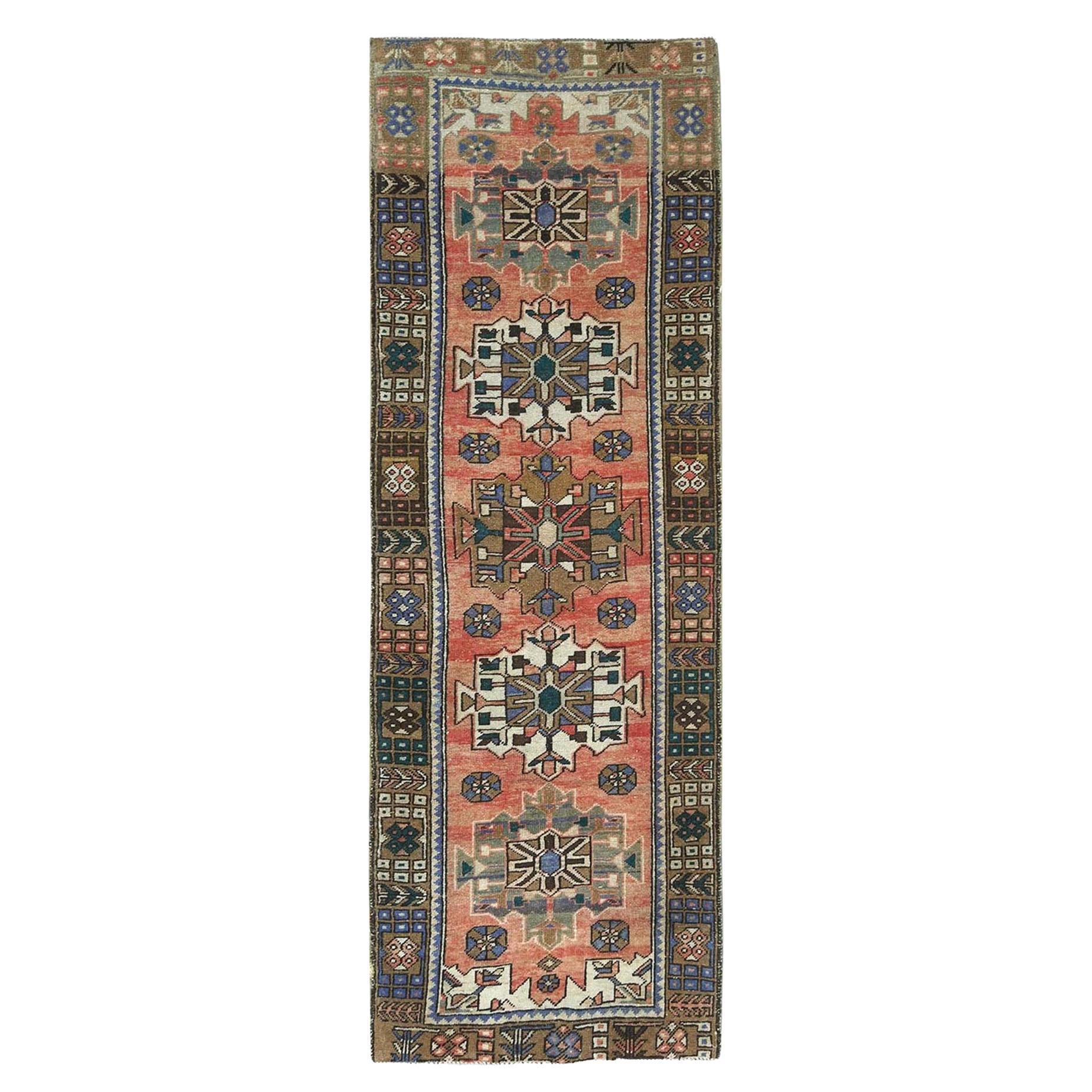 Vintage Red Persian Heriz Abrash Hand Knotted Worn Down Pure Wool Rug