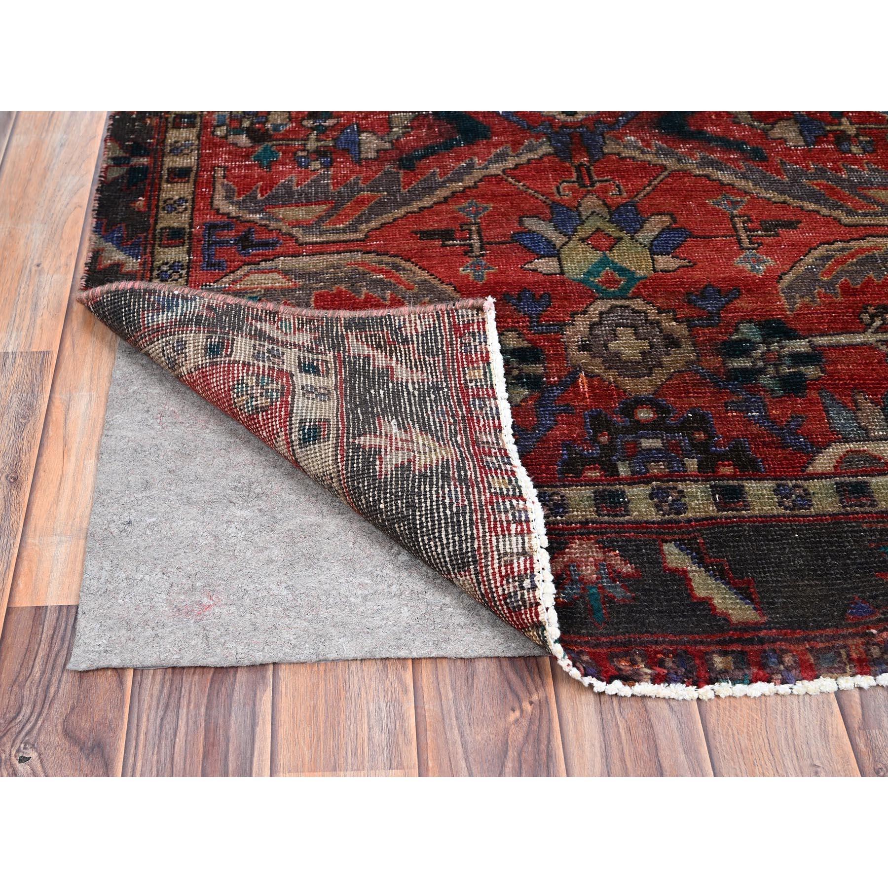 Medieval Tomato Red Vintage Persian Heriz Hand Knotted Clean Sheared Low Wide Runner Rug For Sale