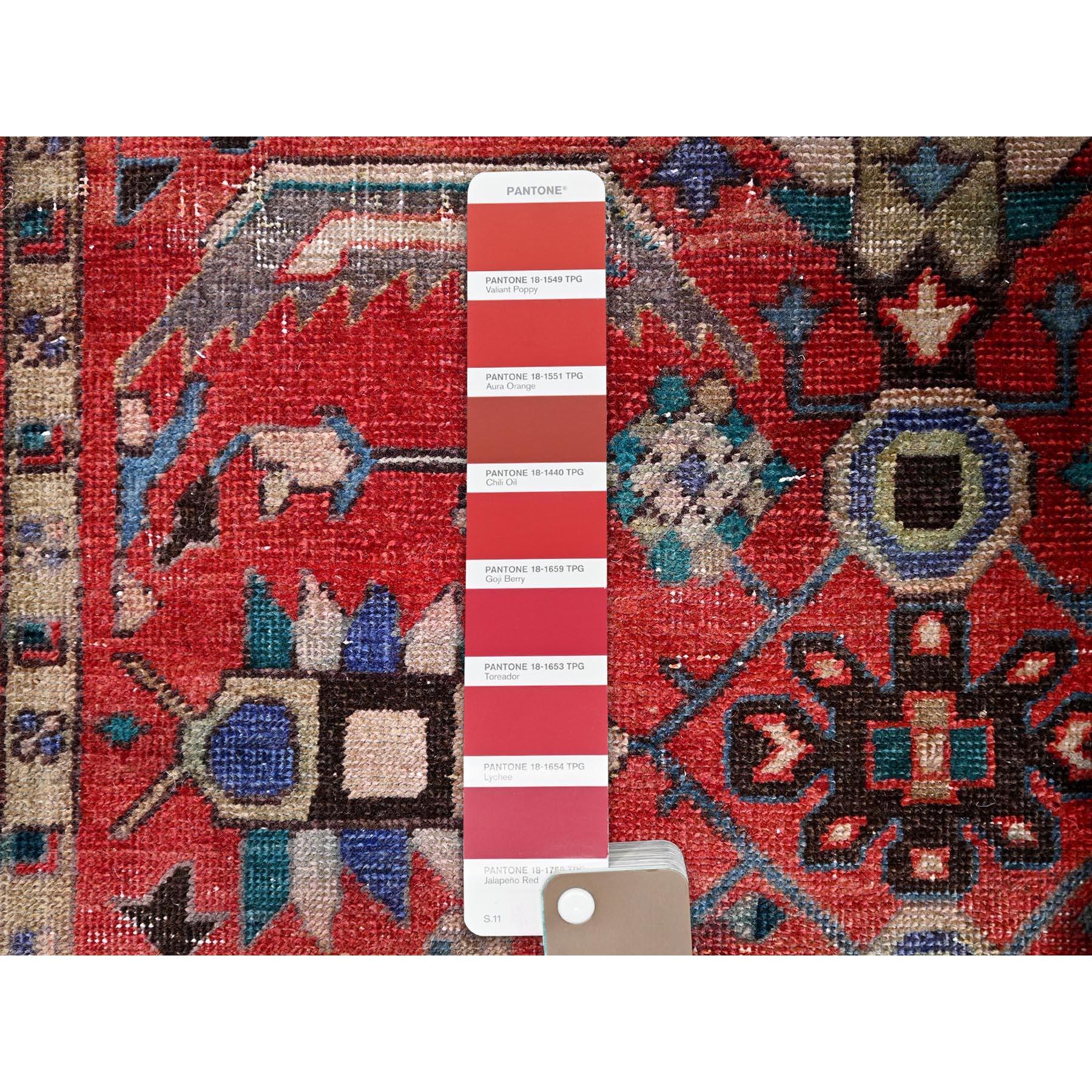 Hand-Knotted Tomato Red Vintage Persian Heriz Hand Knotted Clean Sheared Low Wide Runner Rug For Sale