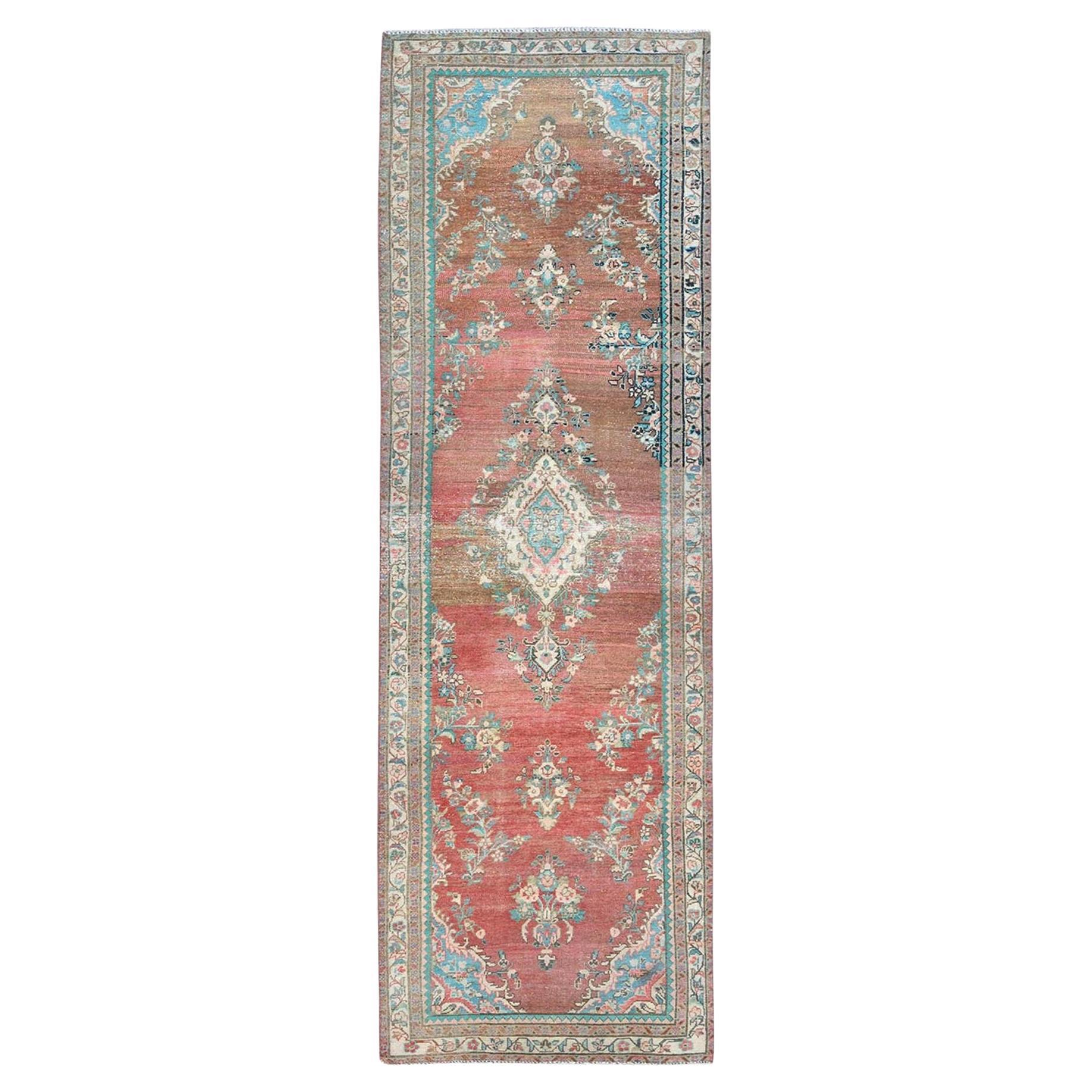 Tomato Red with Sunset Colors, Hand Knotted Vintage Persian Bibikabad Wool Rug For Sale