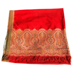 Antique Tomato Red Wool Kashmiri Paisley Bordered Throw