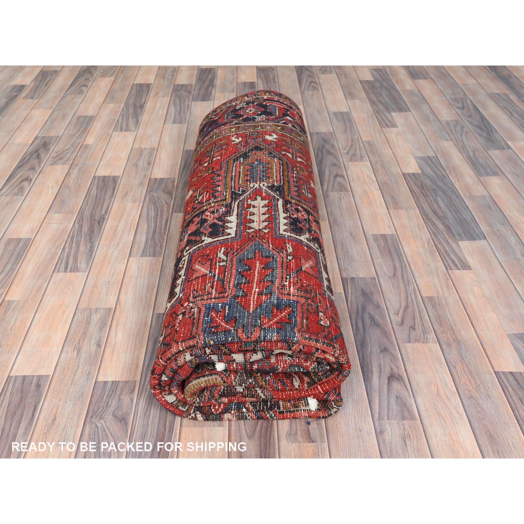 Tomato Red Worn Wool Hand Knotted Old Persian Heriz Professionally Cleaned Rug For Sale 4