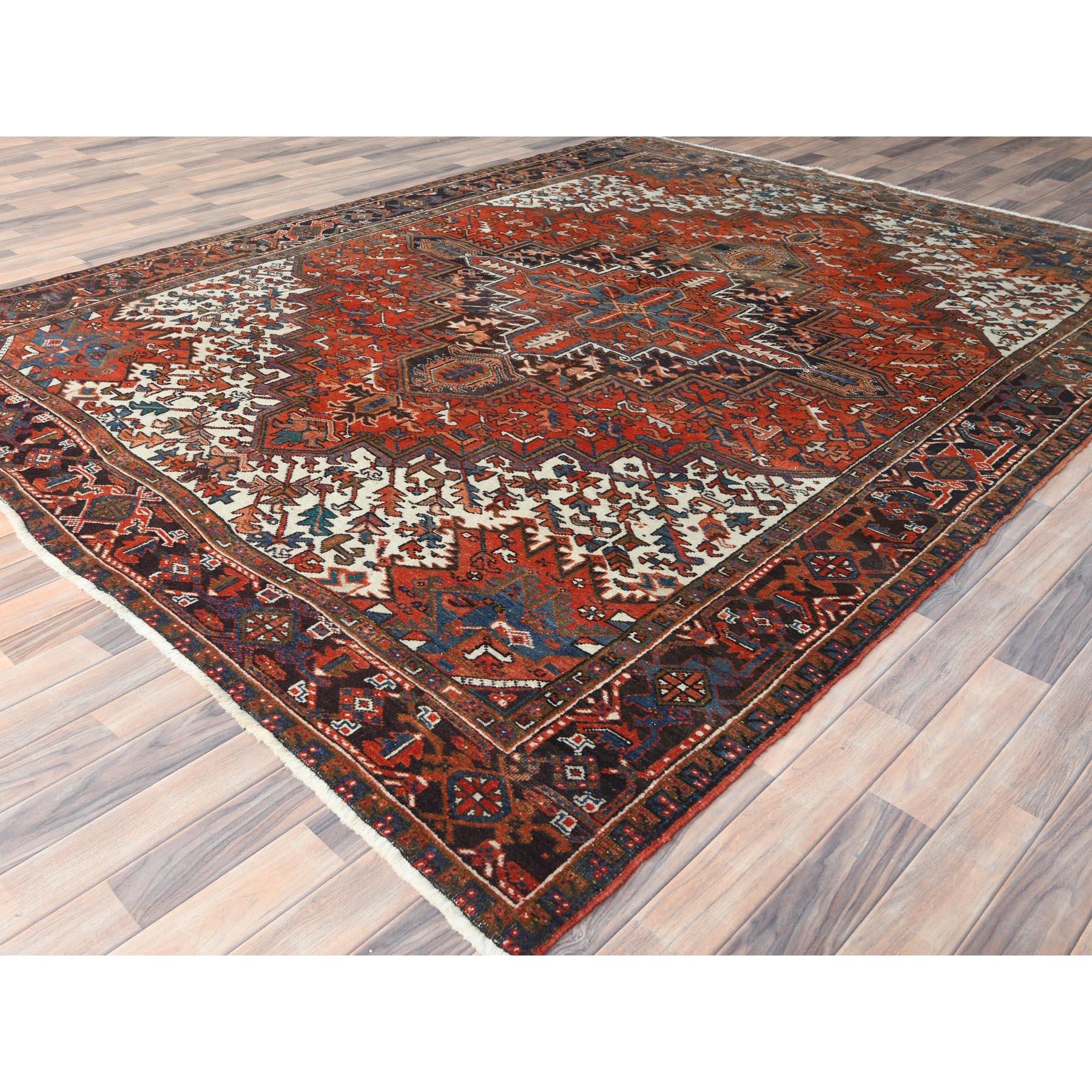Hand-Knotted Tomato Red Worn Wool Hand Knotted Old Persian Heriz Professionally Cleaned Rug For Sale