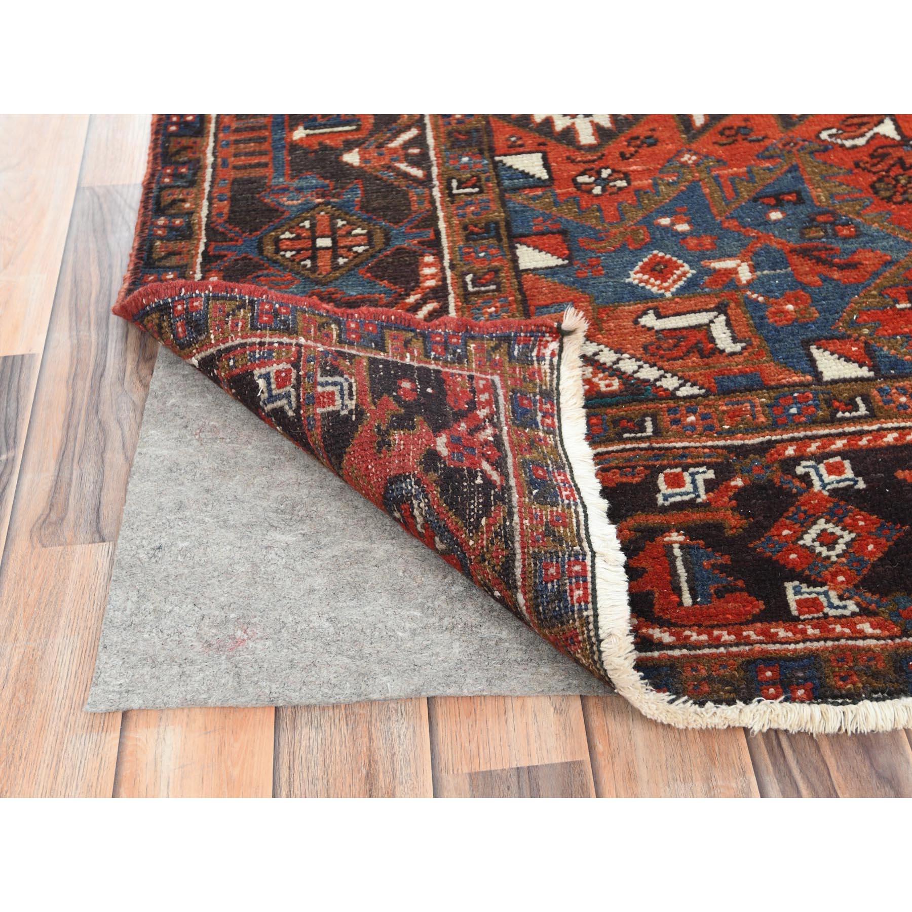 Tomato Red Worn Wool Hand Knotted Old Persian Heriz Professionally Cleaned Rug In Fair Condition For Sale In Carlstadt, NJ