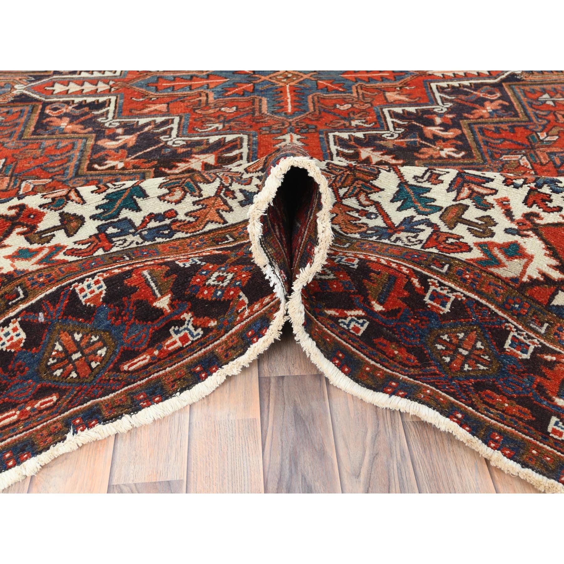 Mid-20th Century Tomato Red Worn Wool Hand Knotted Old Persian Heriz Professionally Cleaned Rug For Sale