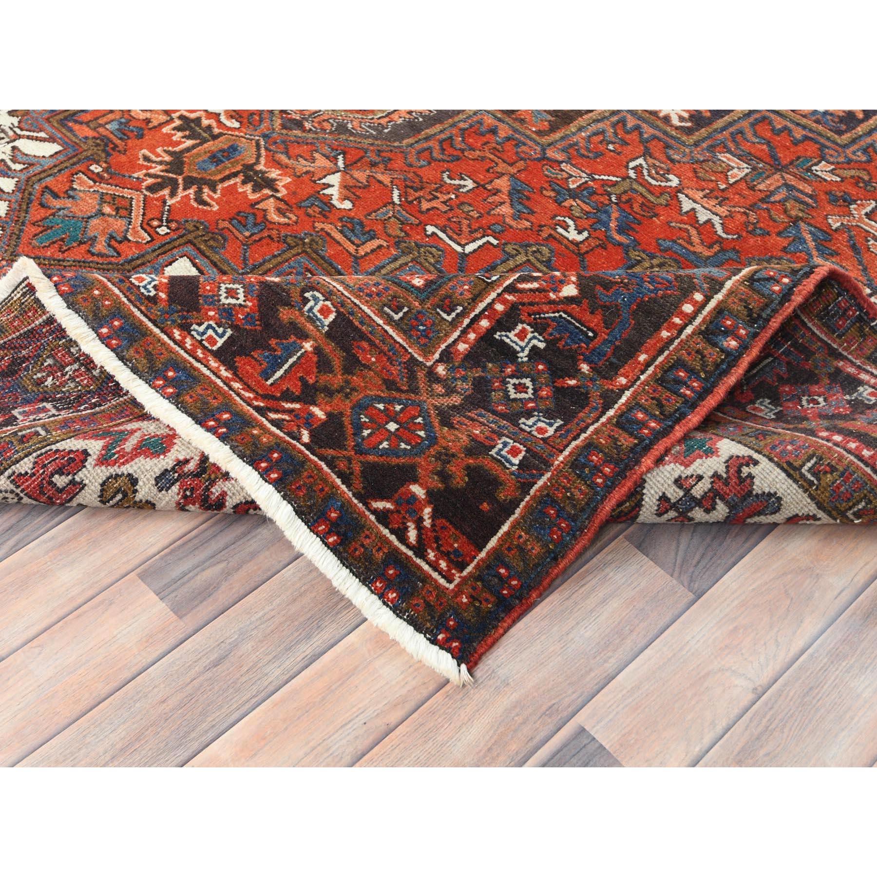 Tomato Red Worn Wool Hand Knotted Old Persian Heriz Professionally Cleaned Rug For Sale 1