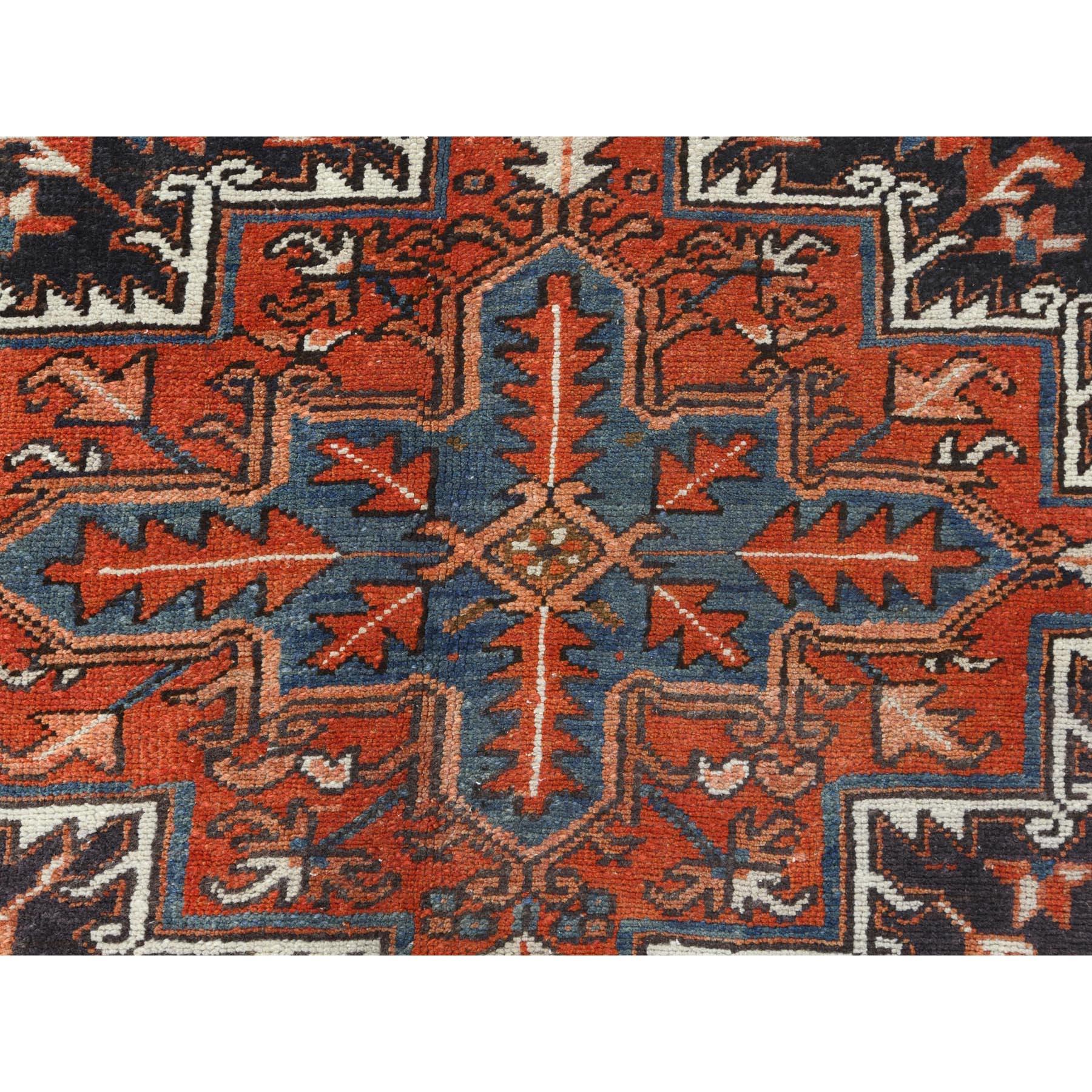 Tomato Red Worn Wool Hand Knotted Old Persian Heriz Professionally Cleaned Rug For Sale 3