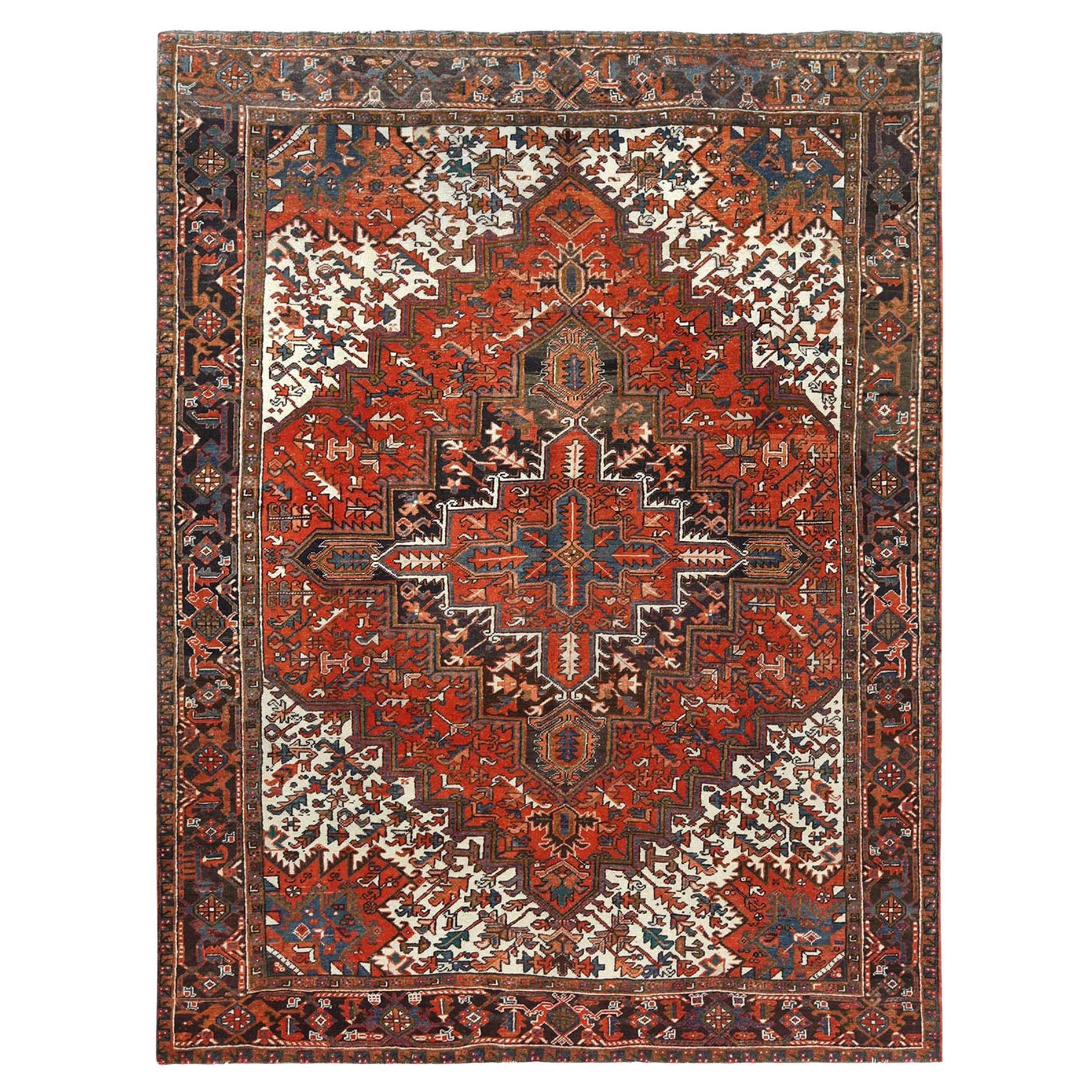 Tomato Red Worn Wool Hand Knotted Old Persian Heriz Professionally Cleaned Rug