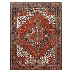 Vintage Tomato Red Worn Wool Hand Knotted Old Persian Heriz Professionally Cleaned Rug