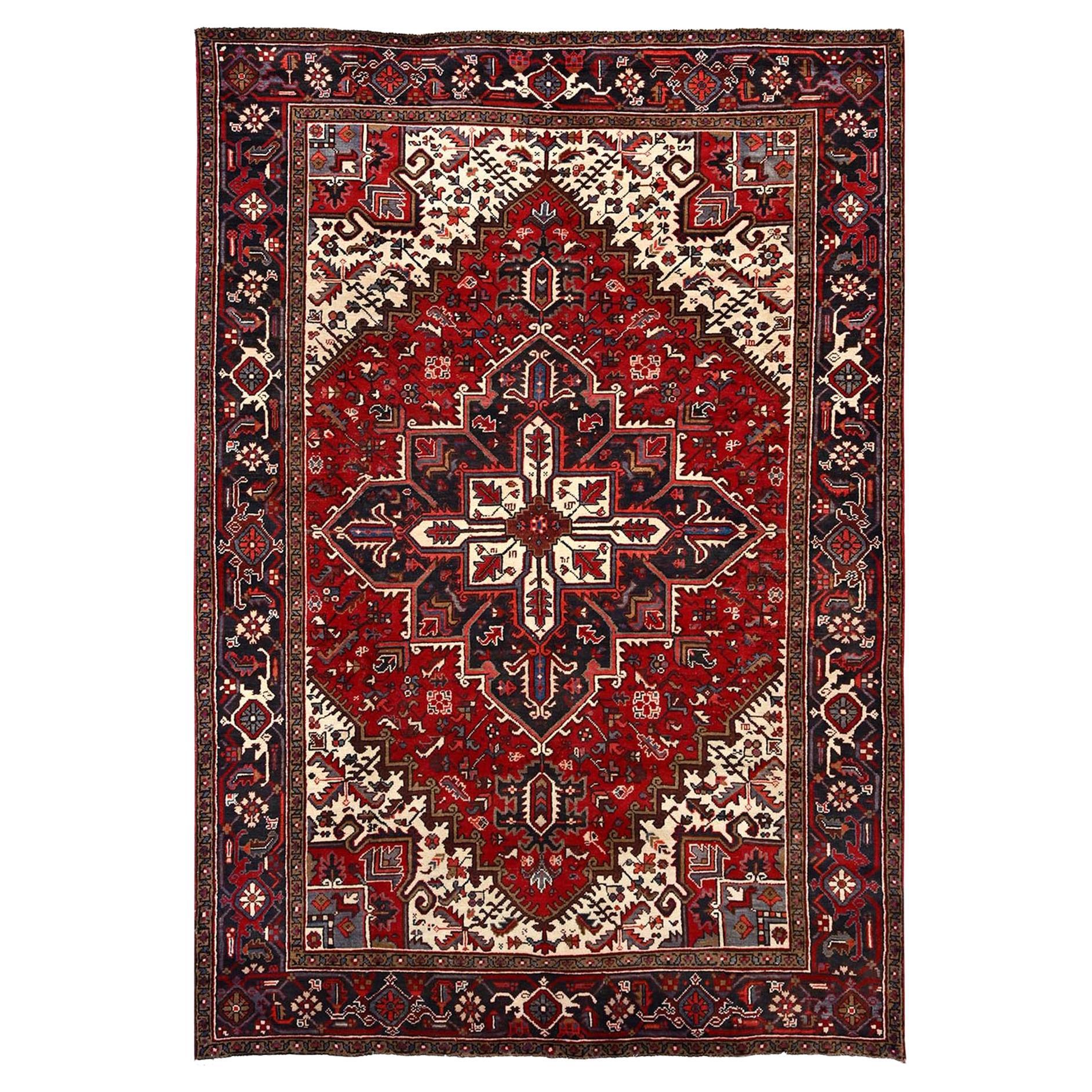 Tomato Tango Red Vintage Persian Heriz Soft Pile Hand Knotted Clean Wool Rug For Sale