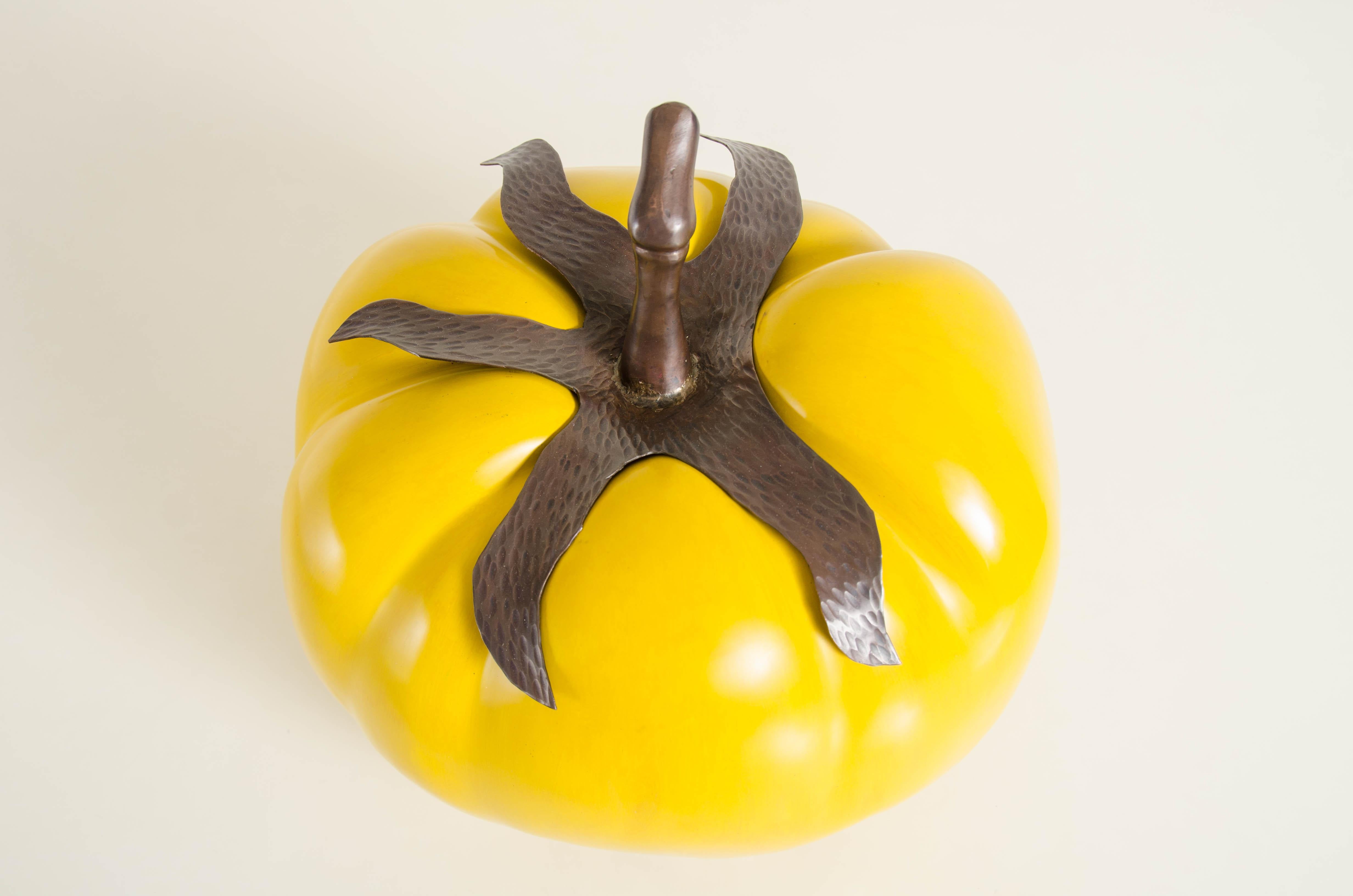 Repoussé Tomato with Copper Stem, Yellow Lacquer by Robert Kuo, Hand Repousse