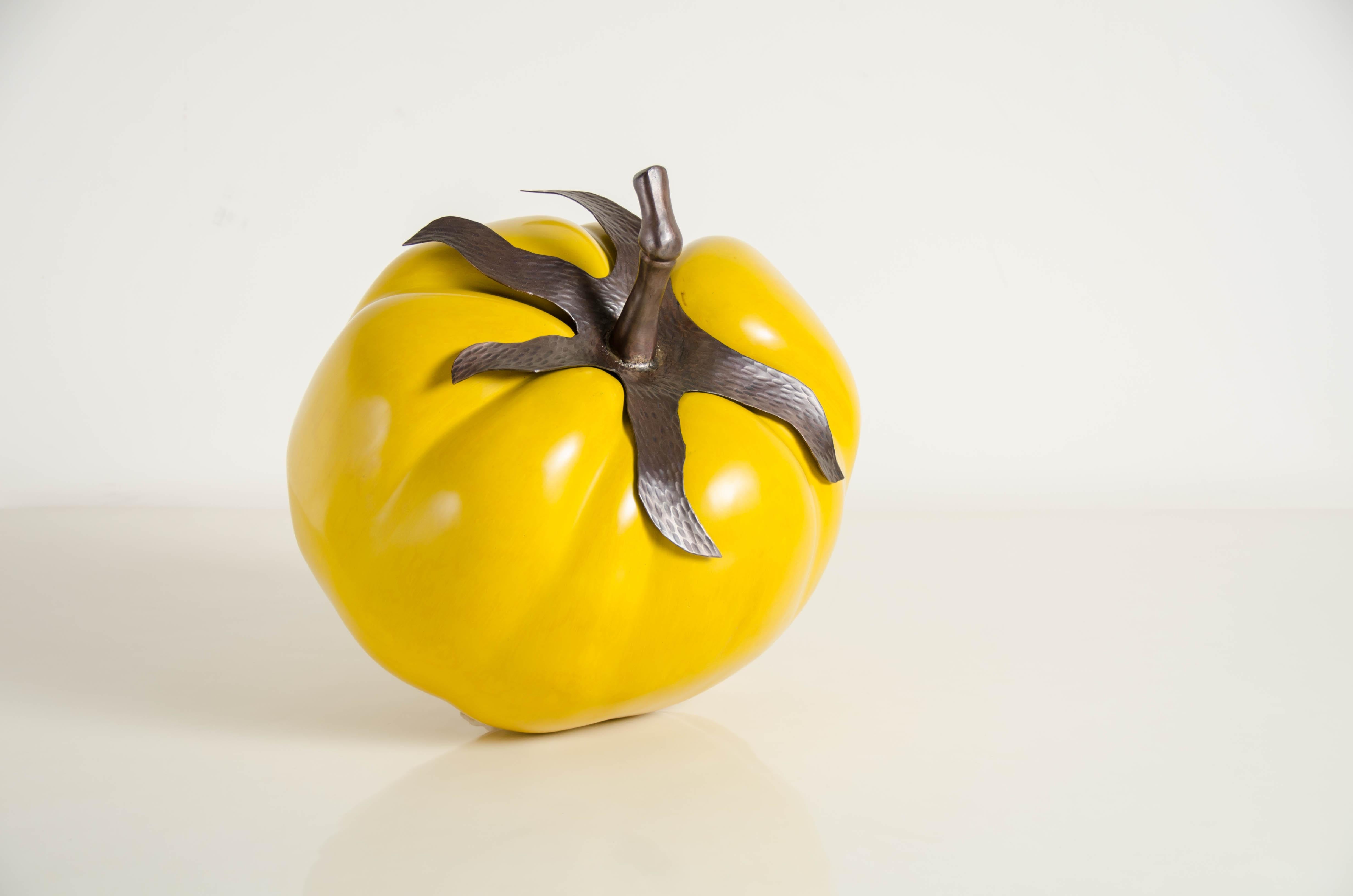 Tomato with Copper Stem, Yellow Lacquer by Robert Kuo, Hand Repousse In New Condition In Los Angeles, CA