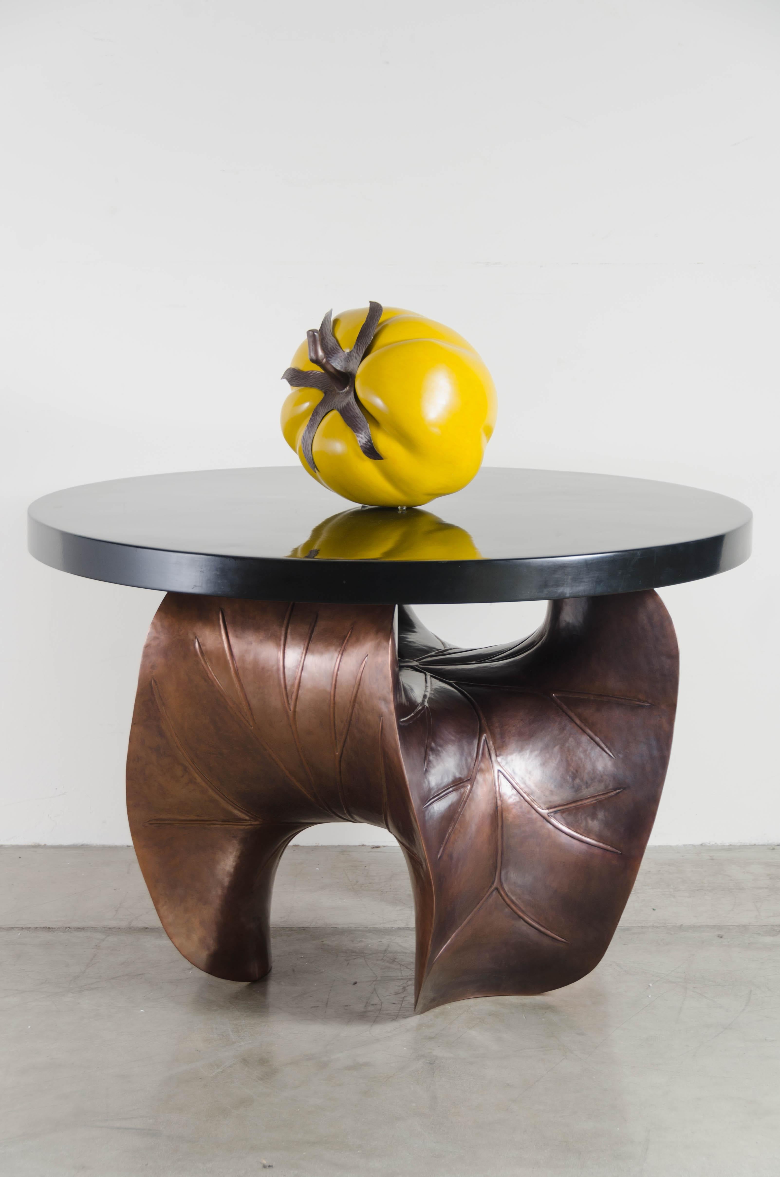 Contemporary Tomato with Copper Stem, Yellow Lacquer by Robert Kuo, Hand Repousse