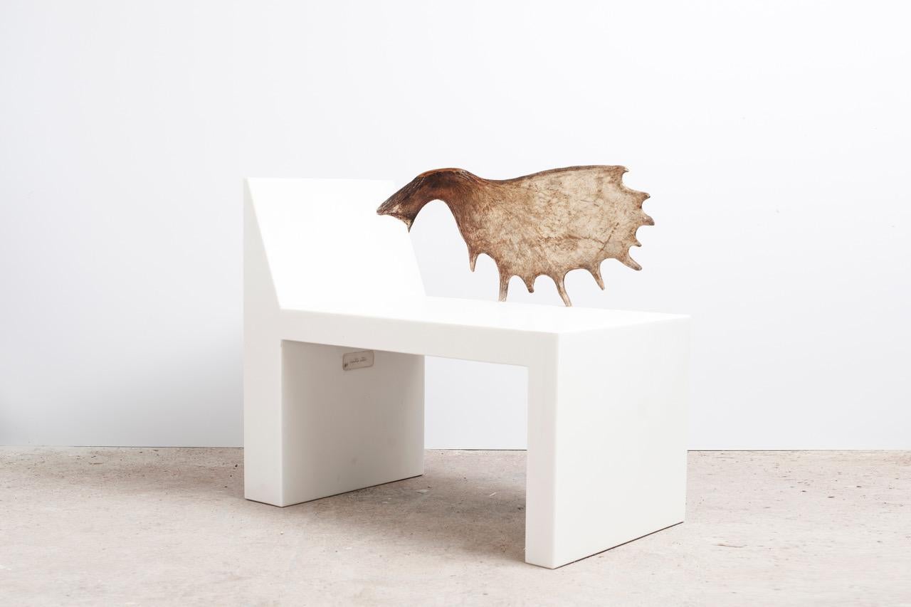 Tomb chair by Rick Owens
Limited Edition of 8
Dimensions: L 90 x W 60 x H 75.5 cm
Materials: White marble, Moose antler.

Rick Owens is a California-born fashion and furniture has developed a unique style that he describes as “luxe