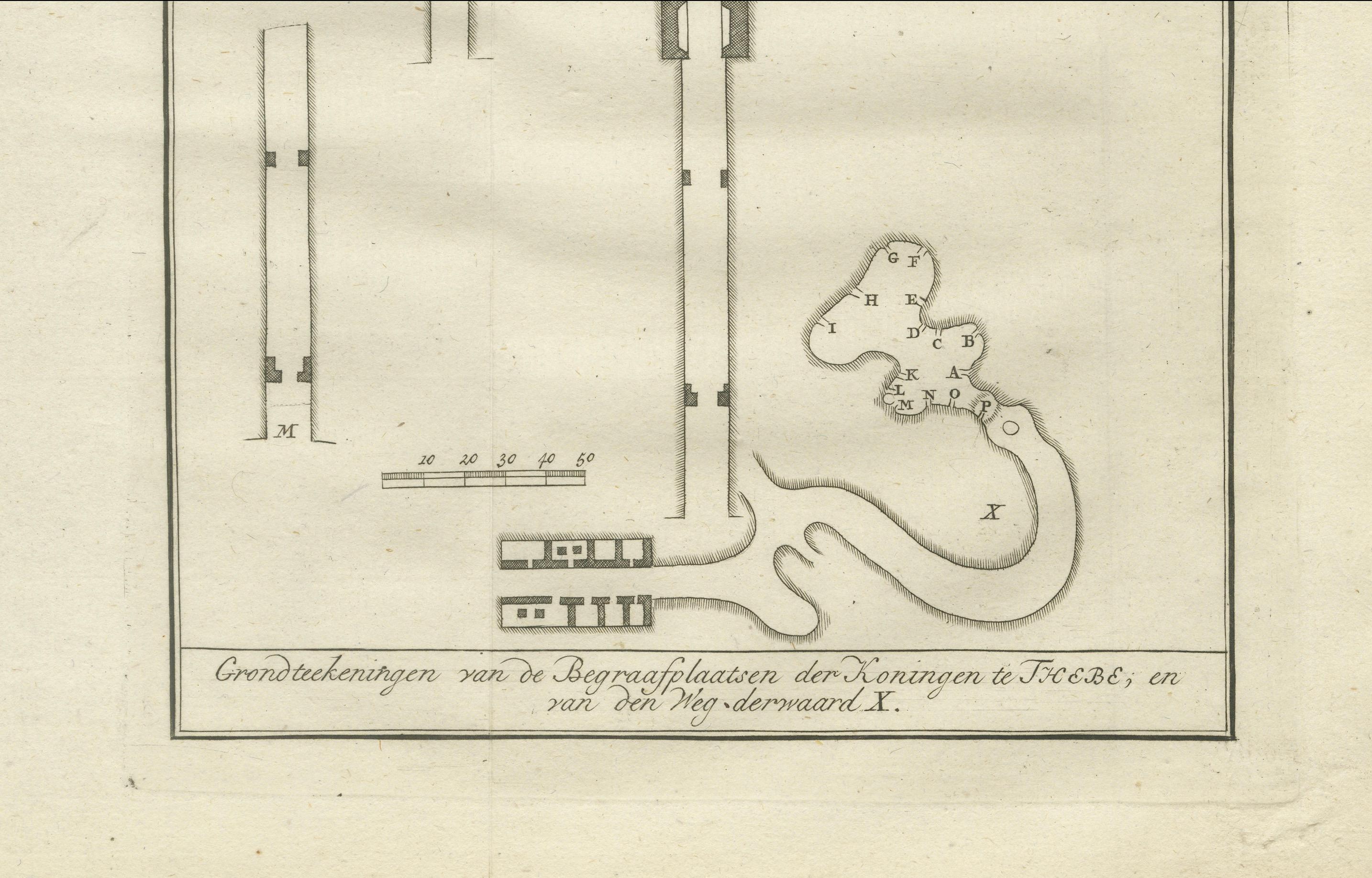 Título: Disposición de tumbas de reyes en Tebas con camino a la cámara X - Grabado de Egipto, 1776

Descripción:
Este grabado arquitectónico de 1776 muestra planos detallados de varias tumbas reales del Valle de los Reyes, cerca de Tebas, con