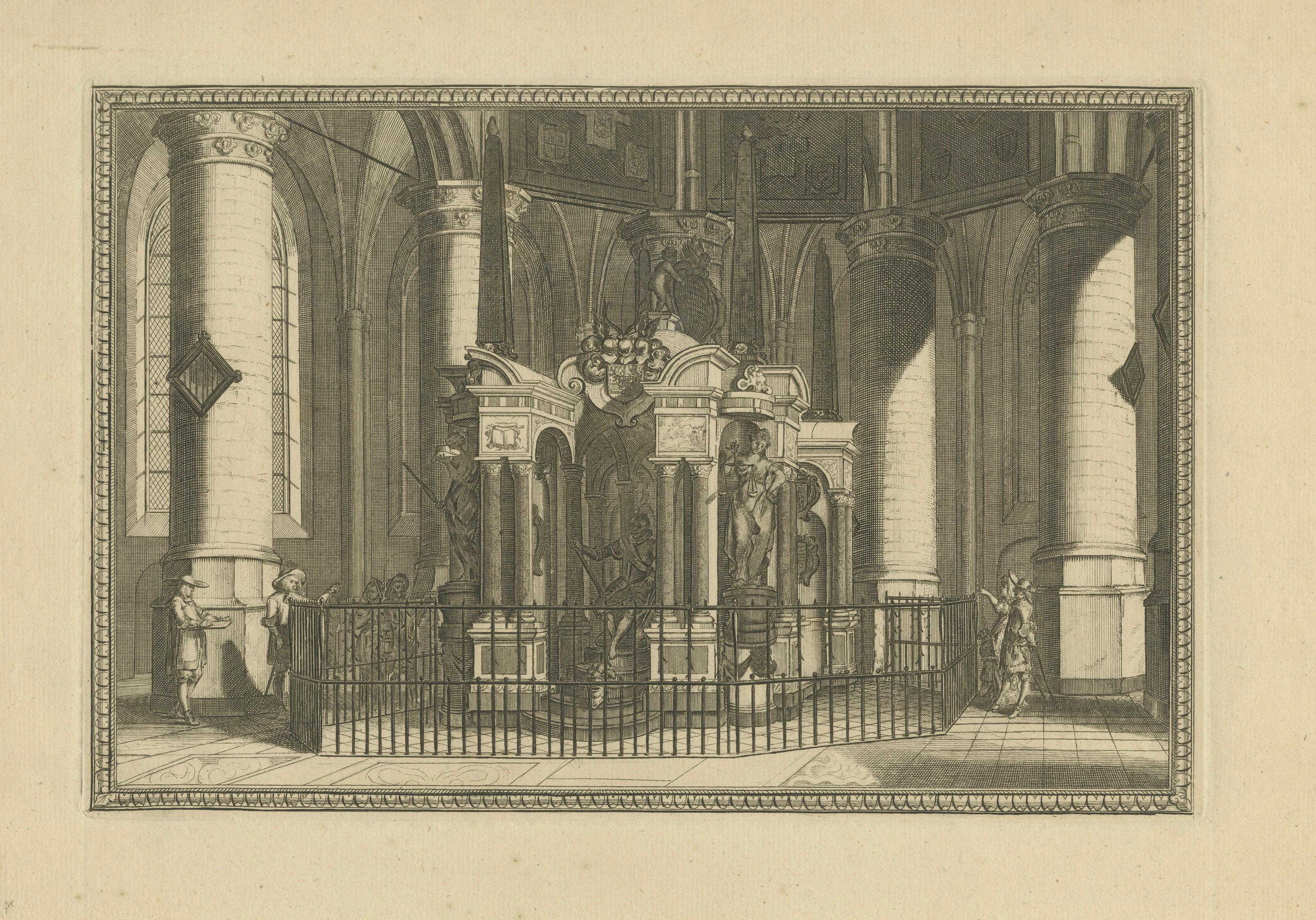 Tomb of William the Silent – Nieuwe Kerk Delft – Dutch Architectural Engraving c.1750

This finely detailed antique engraving depicts the elaborate tomb monument of William the Silent (Willem van Oranje, 1533-1584) located in the Nieuwe Kerk (New