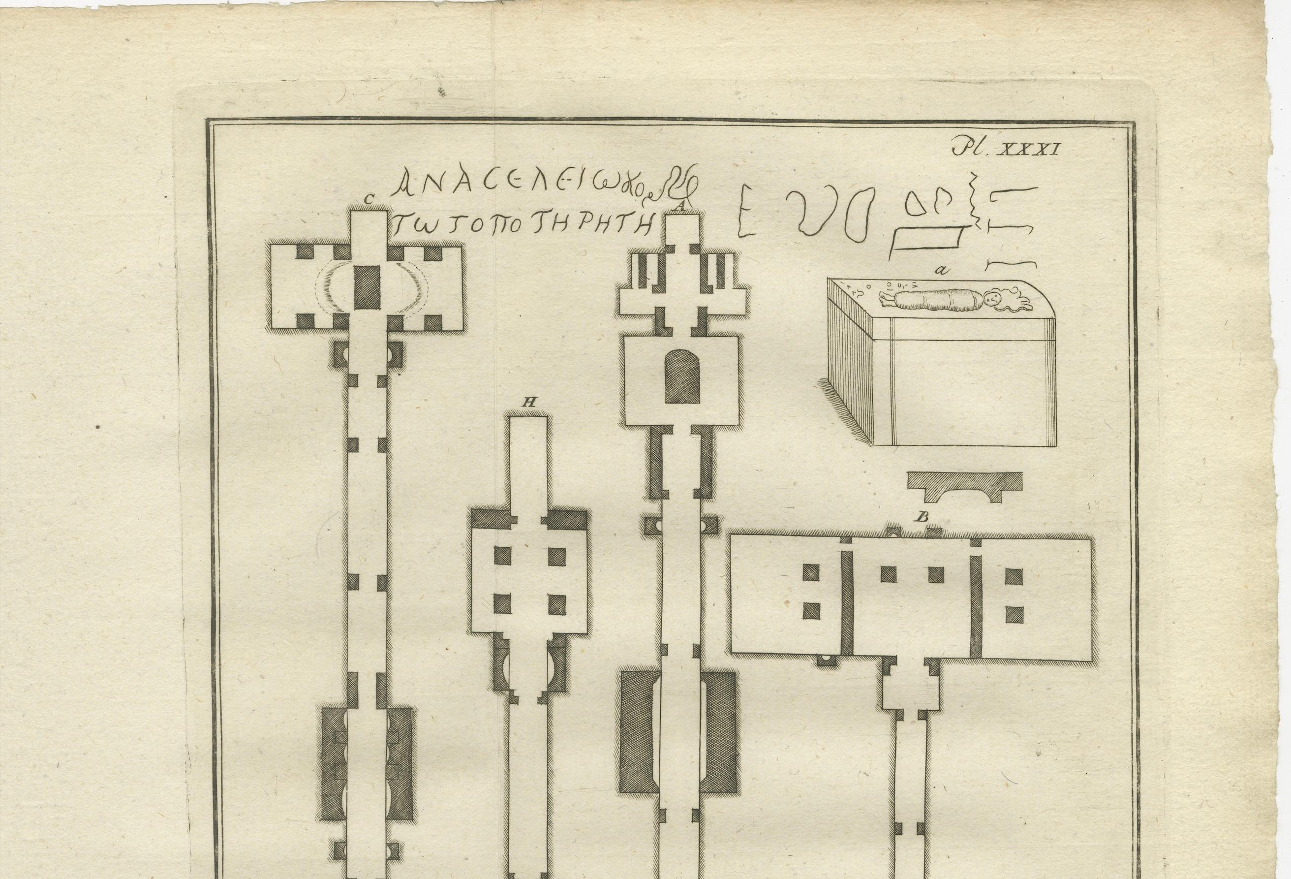 Titre : Plans des tombes des rois à Thèbes - Aménagement de la Vallée des Rois, Egypte 1776

Description :
Cette gravure architecturale de 1776 présente une série de plans de tombes royales dans la Vallée des Rois près de Thèbes (l'actuelle Luxor).