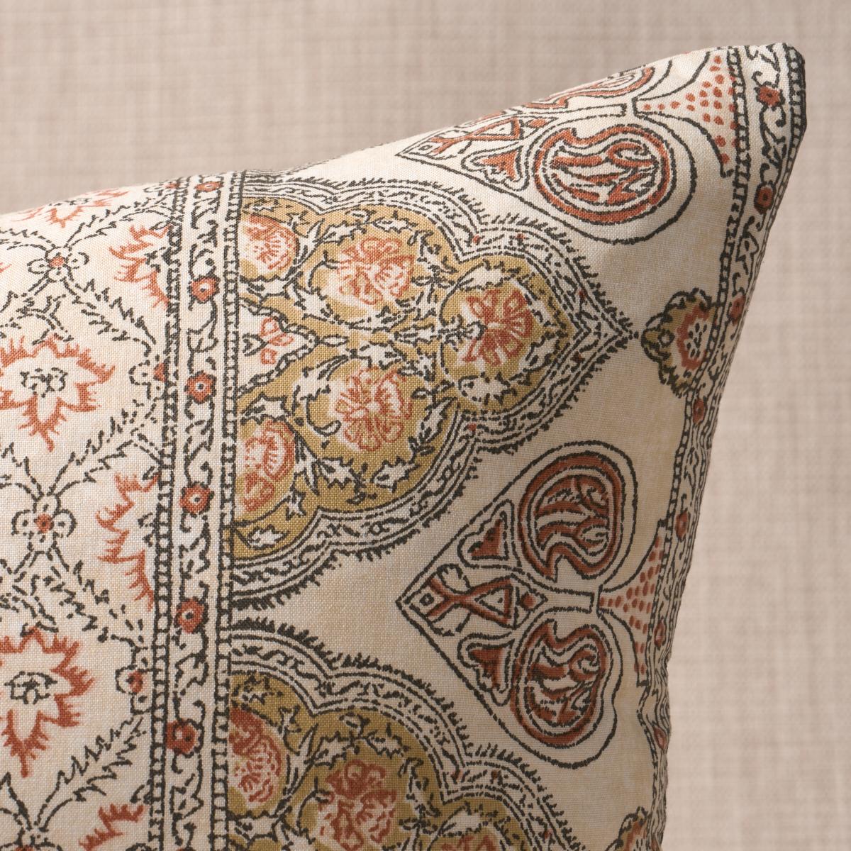 This pillow features Tombay with a knife edge finish. Tombay’s delicate vine stripe and intricate borders were inspired by a vintage document fabric. Pillow includes a feather/down fill insert and hidden zipper closure.