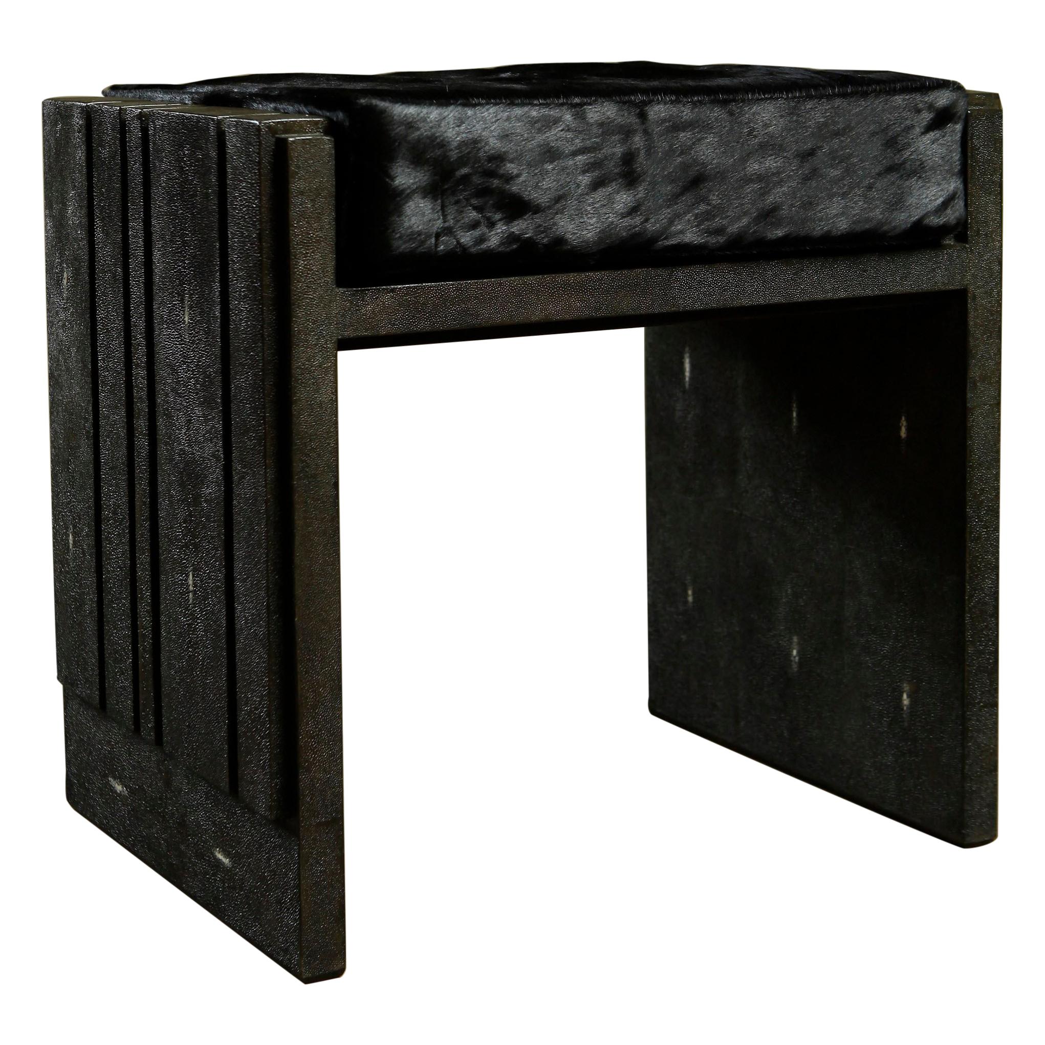 Tomboy Stool in Coal Black Shagreen and Fur Cover by R&Y Augousti For Sale