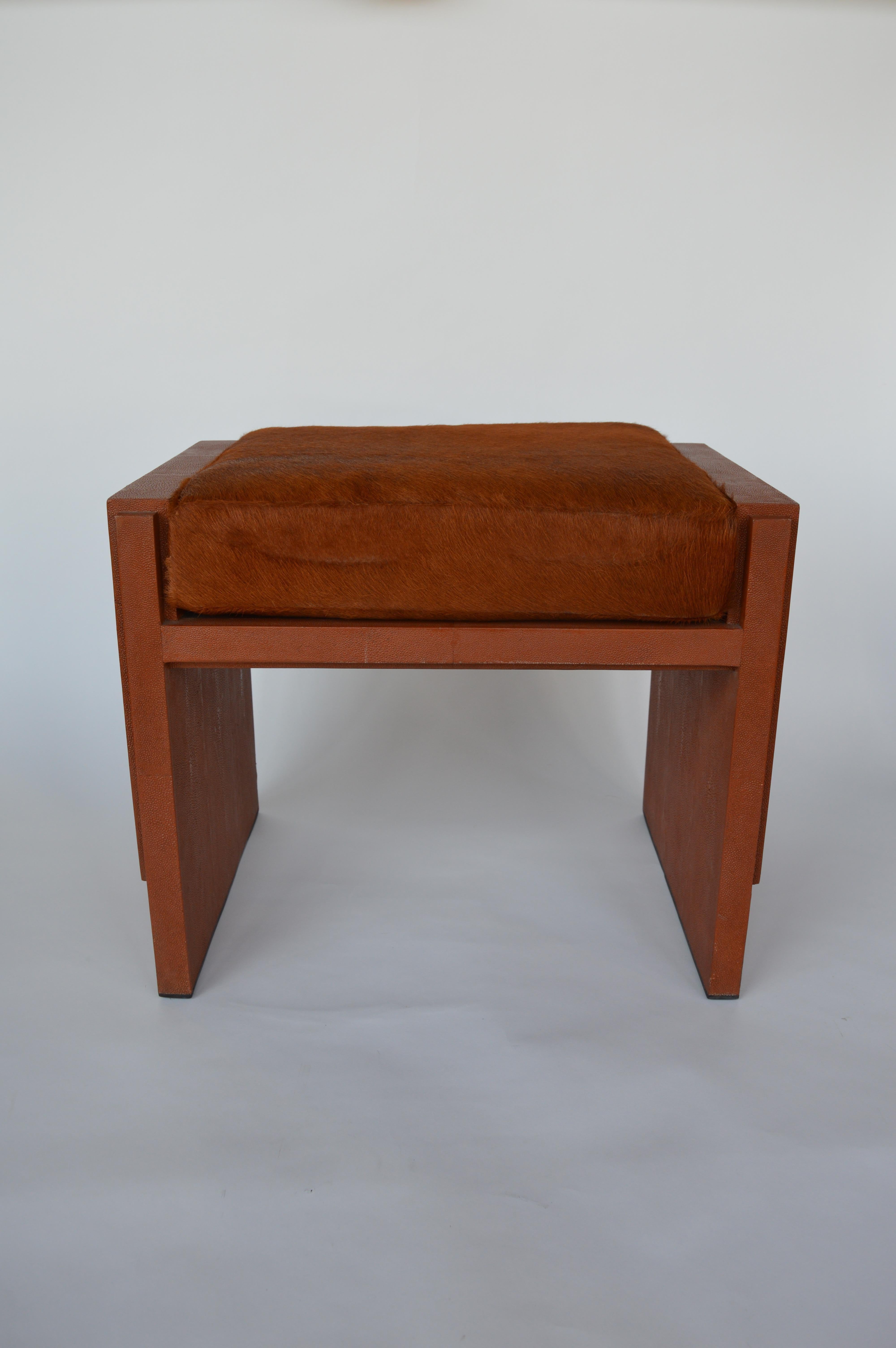 Tomboy stool in cognac shagreen and cowhide by R & Y Augousti in the style of Art Deco, France, 21st century.