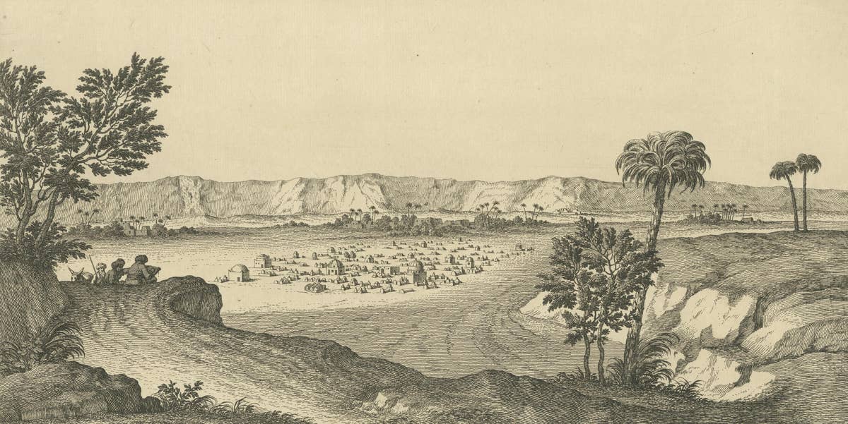 Tombs near Esna, Egypt – Nile Landscape by Norden, Copper Engraving 1755